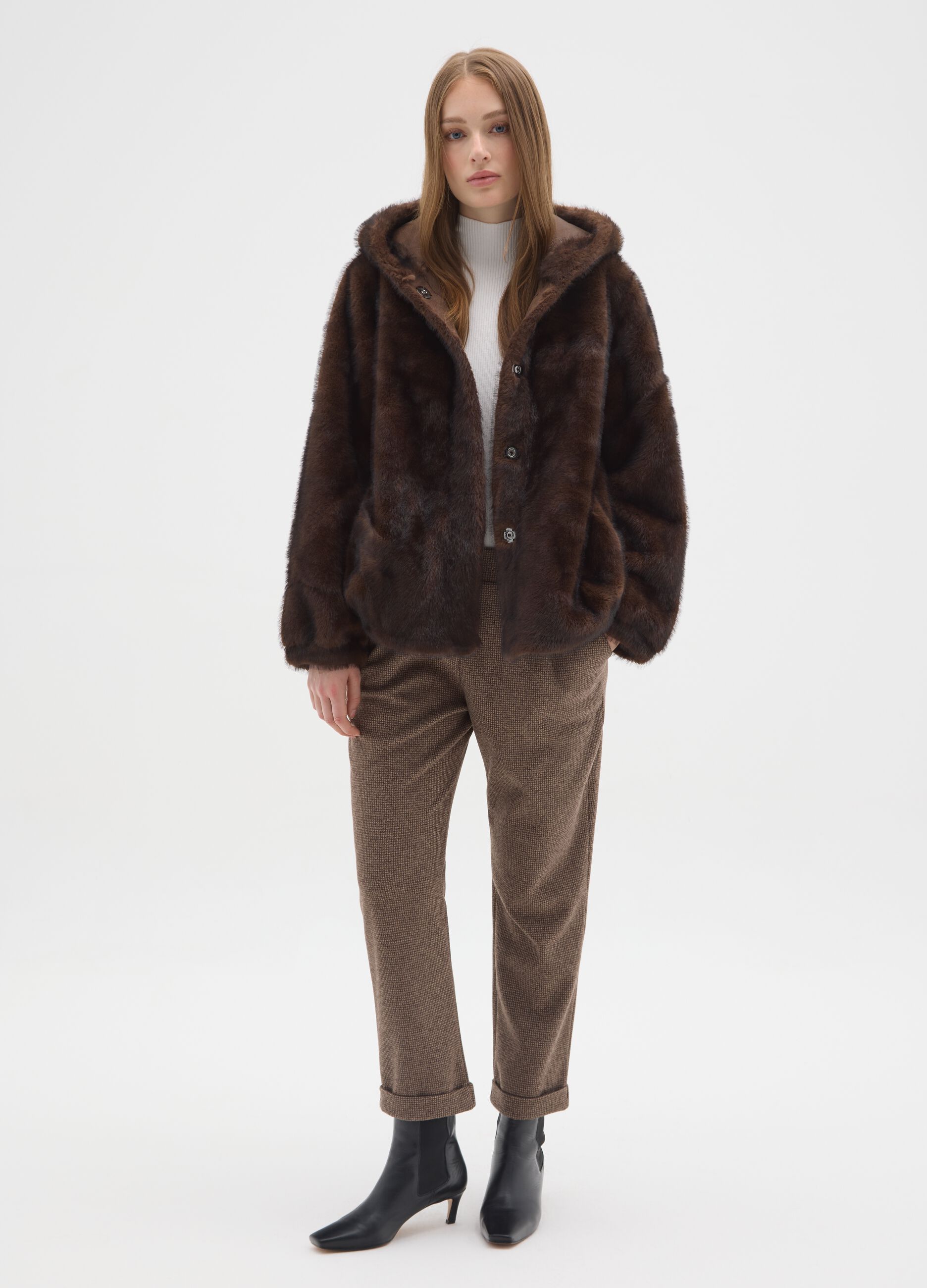 Soft Brown Coat with Hood Regular Fit