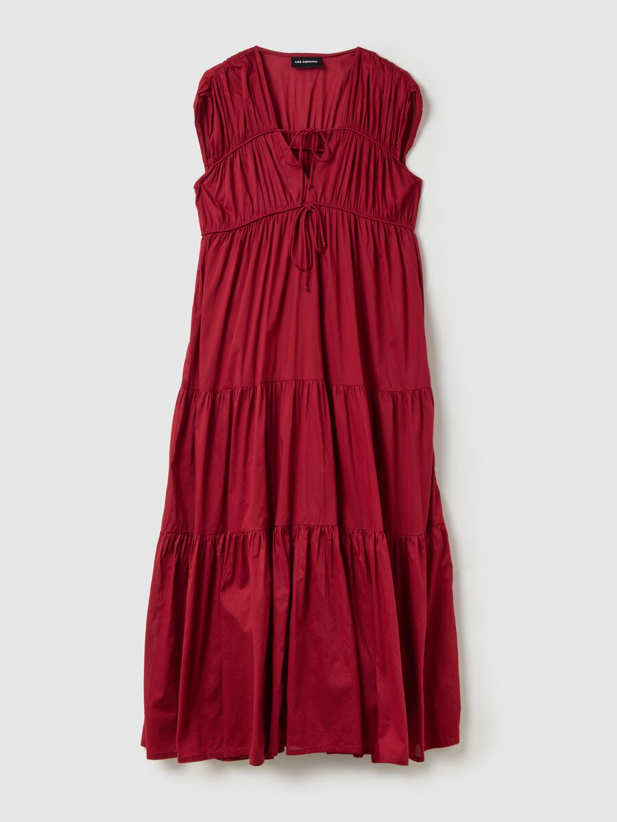 Abito lungo da donna in puro cotone rosso regular fit a balze_0