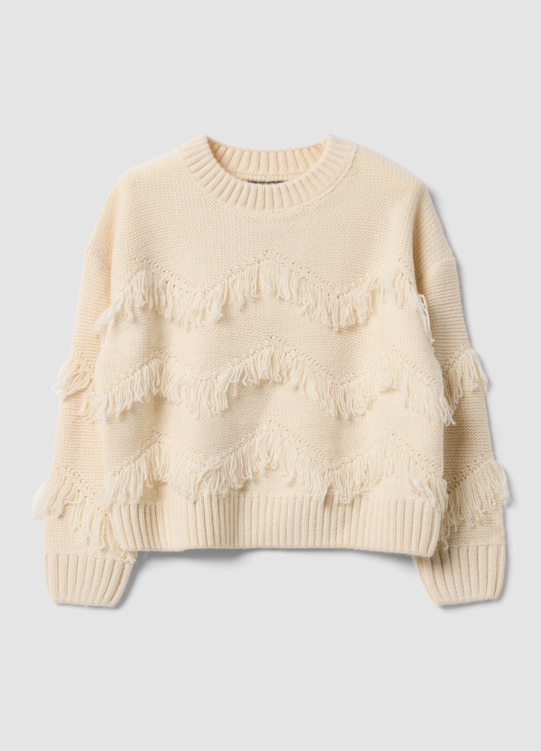 Beige knit jumper with fringes and crew neck for girls