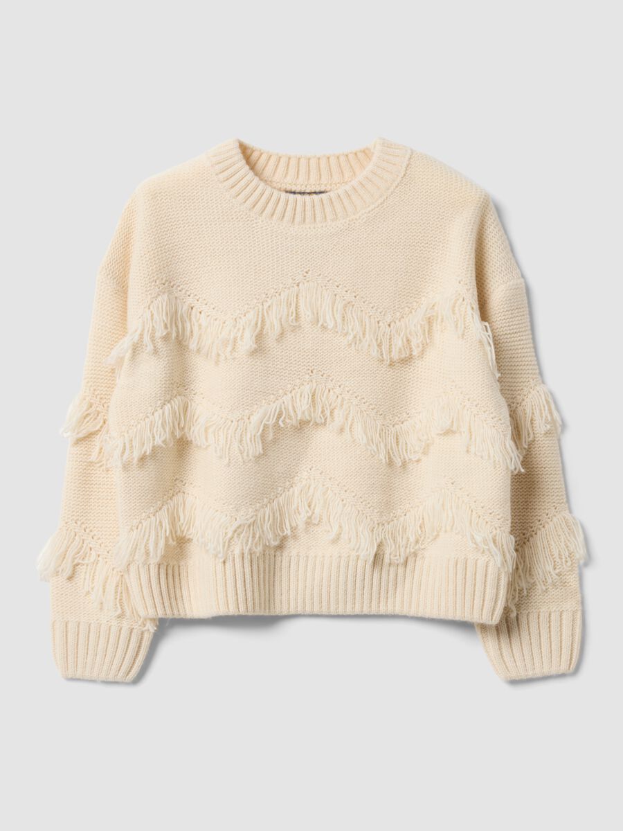 Maglia beige in maglia rasata con frange e girocollo per bambina_0