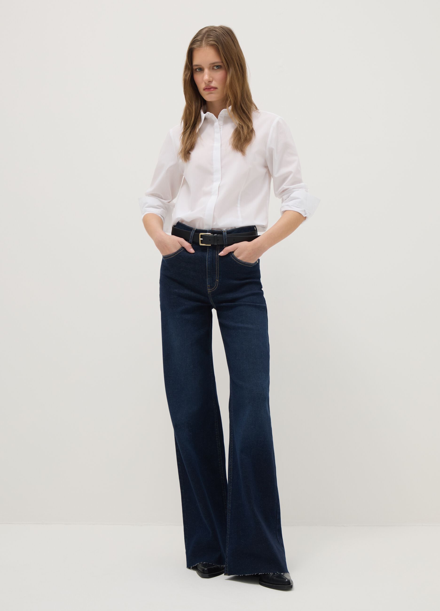 Blue Stretch Cotton Wide Leg Jeans