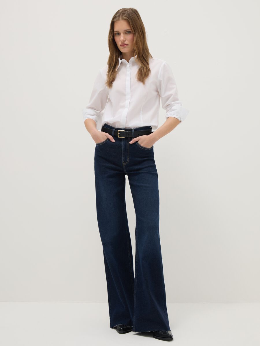 Blue Stretch Cotton Wide Leg Jeans_0
