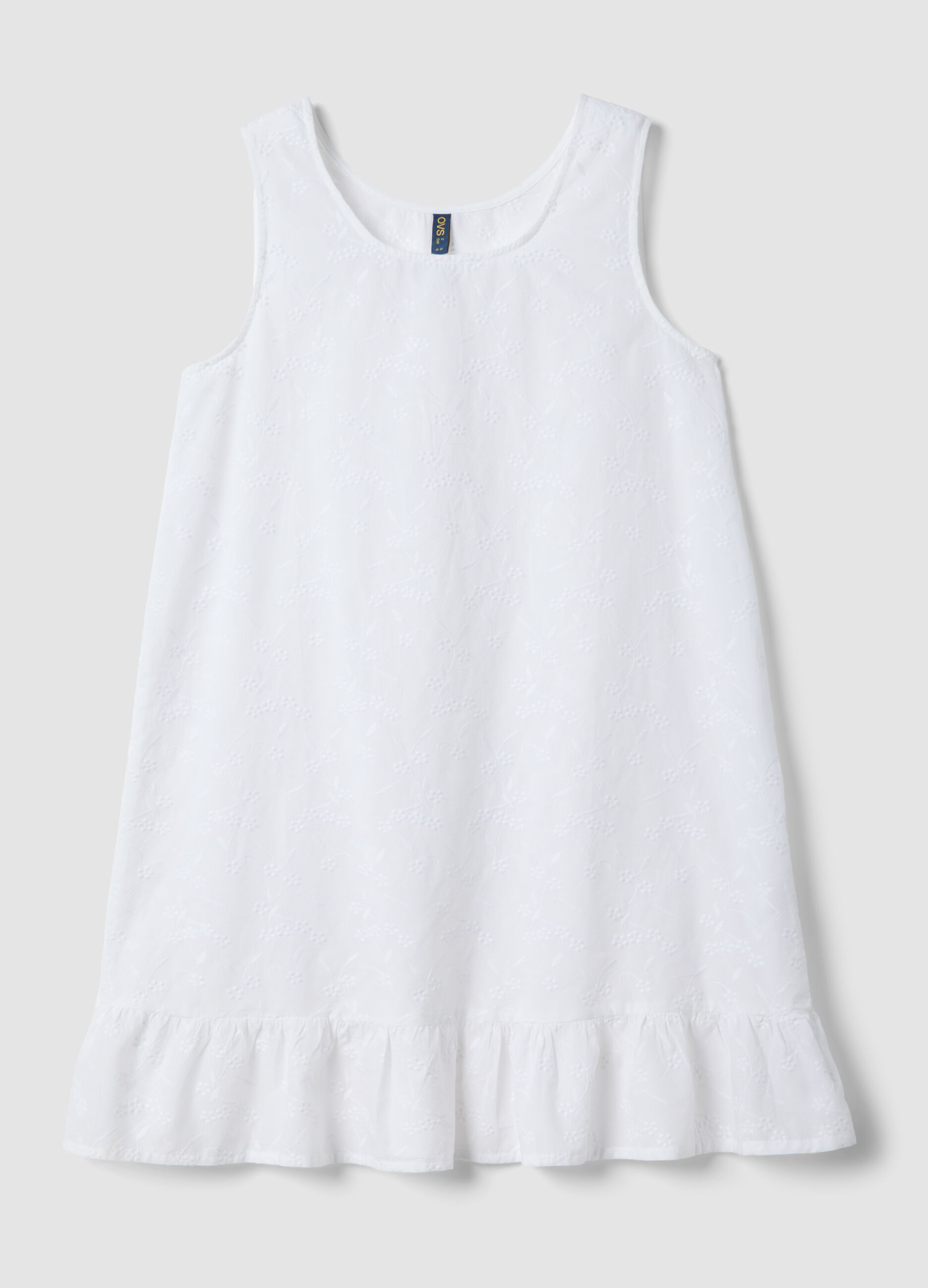 White sleeveless pure cotton nightdress with floral embroidery