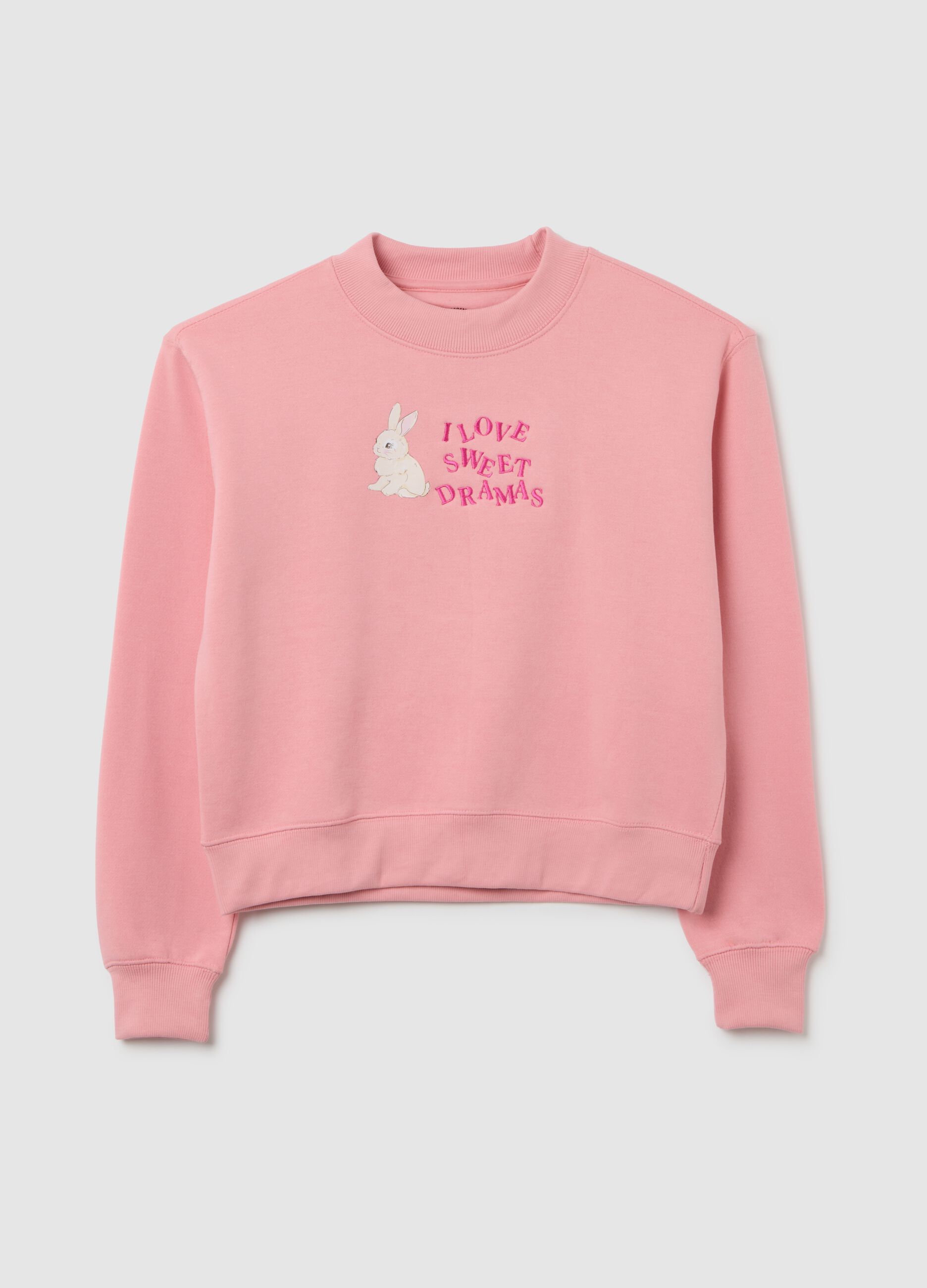Pink cotton blend sweatshirt regular fit with embroidery and crew neck