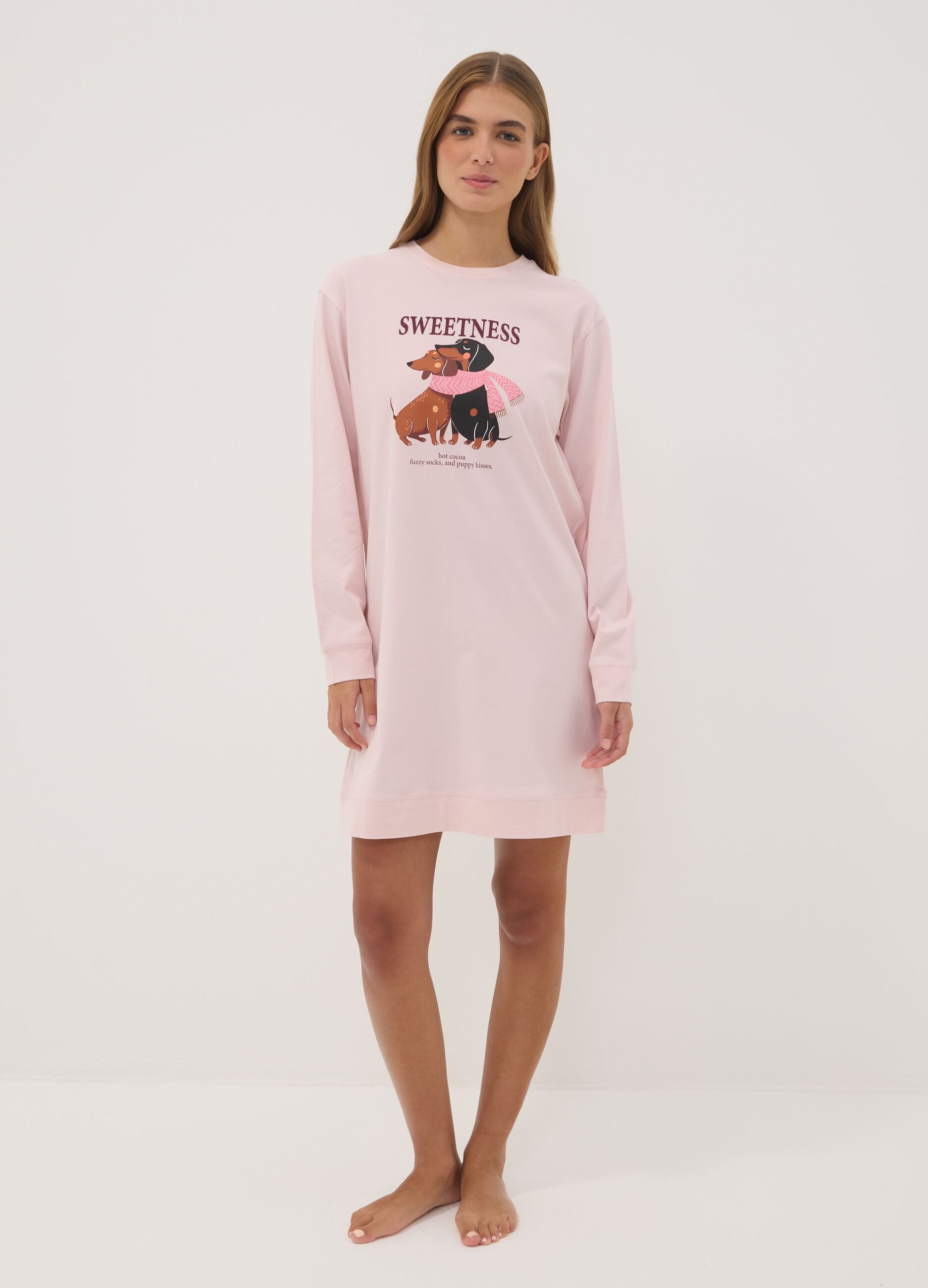 Pink organic cotton nightdress with crew neck