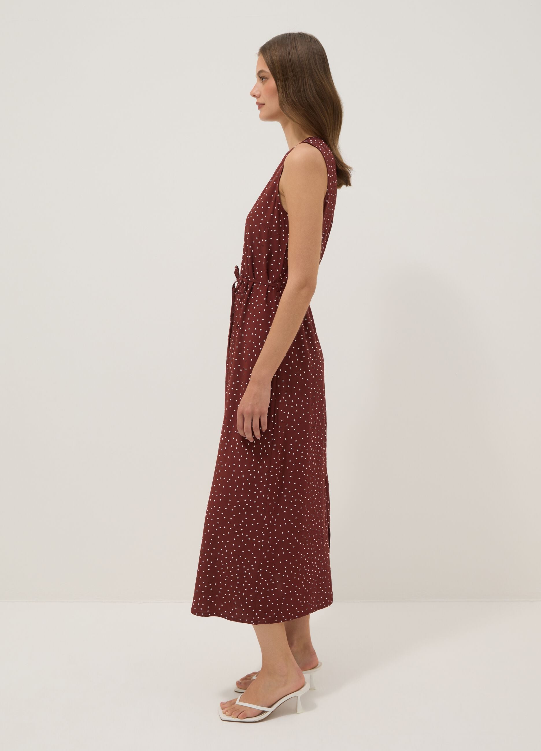 Red polka-dot pure viscose midi dress