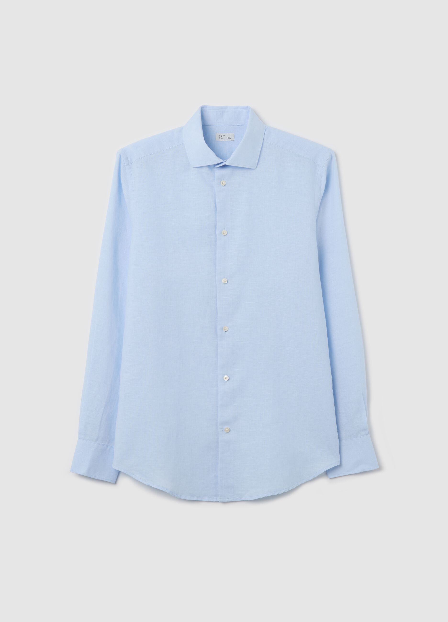 Men’s light blue slim-fit shirt in linen blend with cutaway collar