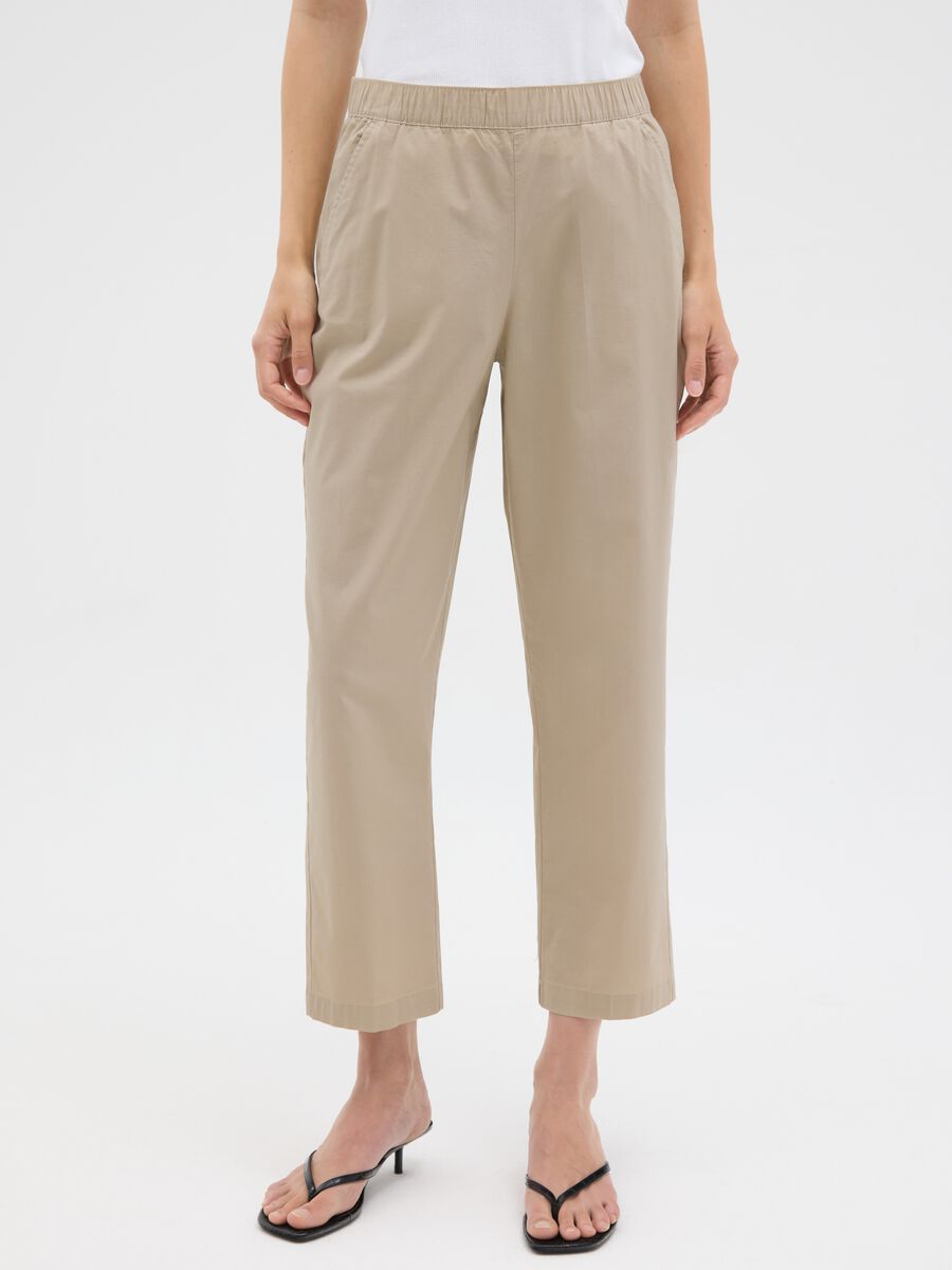 Women's beige stretch cotton trousers regular fit_1