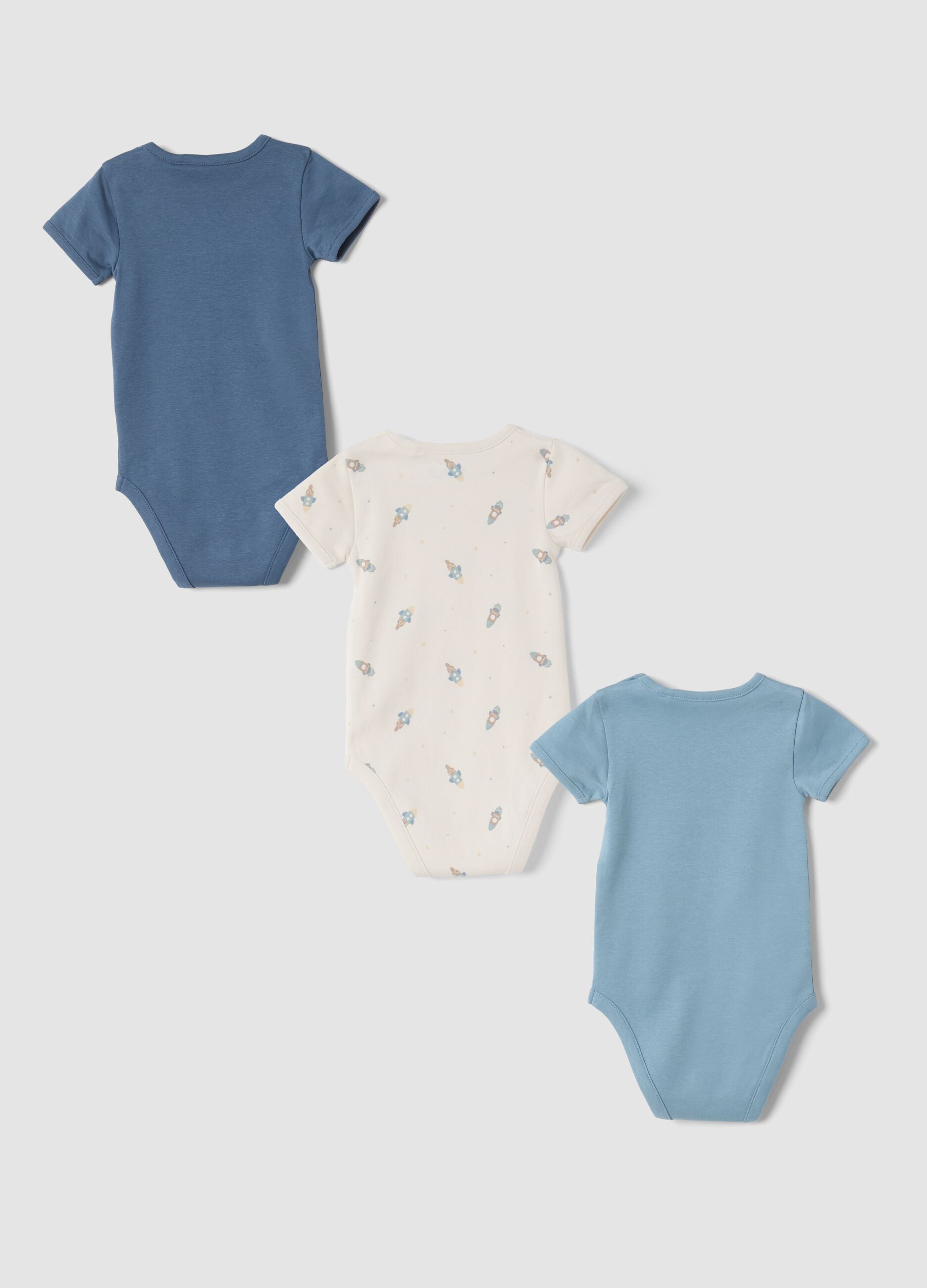 3-pack organic cotton crew-neck bodysuits in sugar paper blue, ivory white and light blue