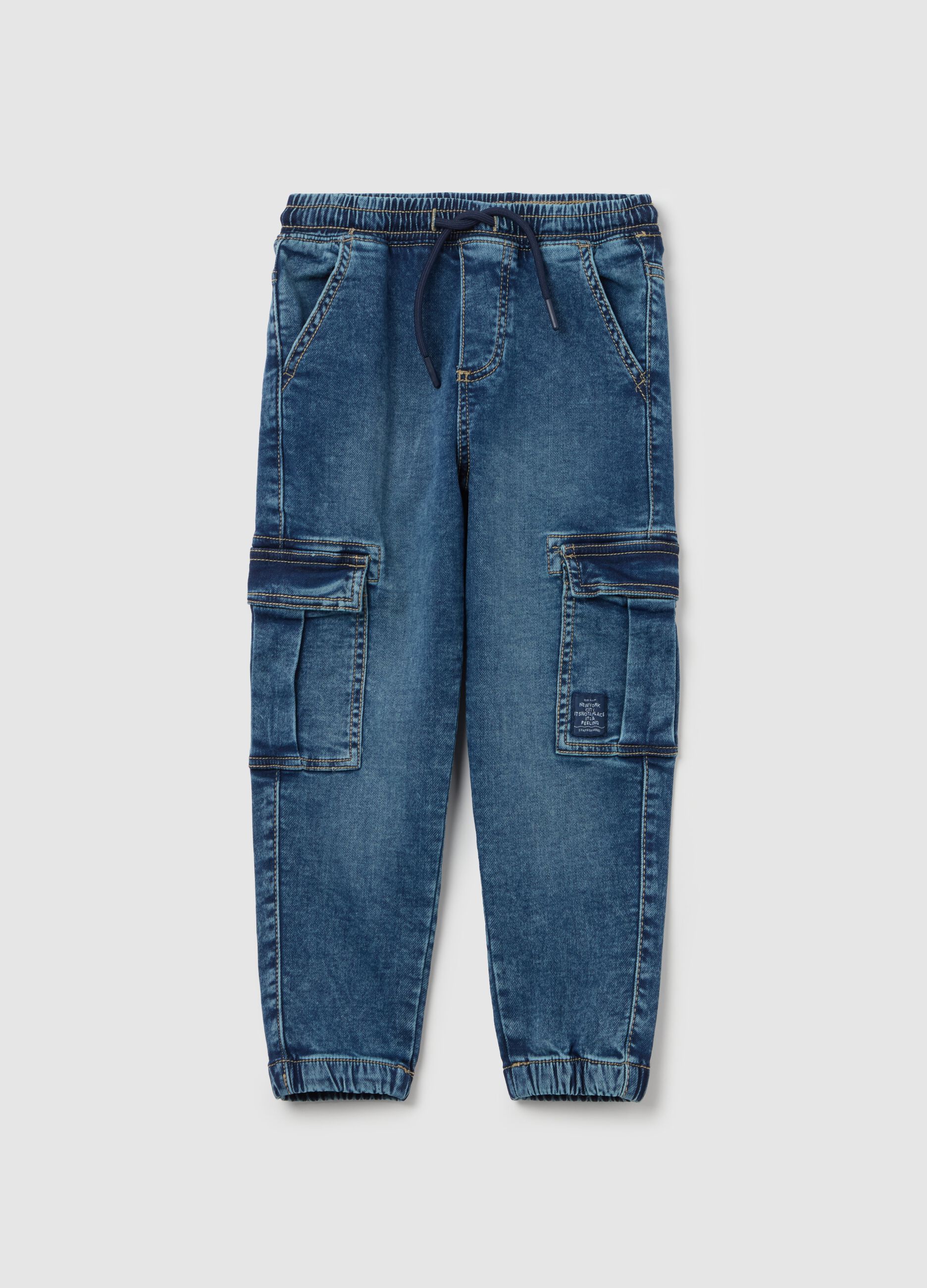 Cargo joggers in denim with drawstring