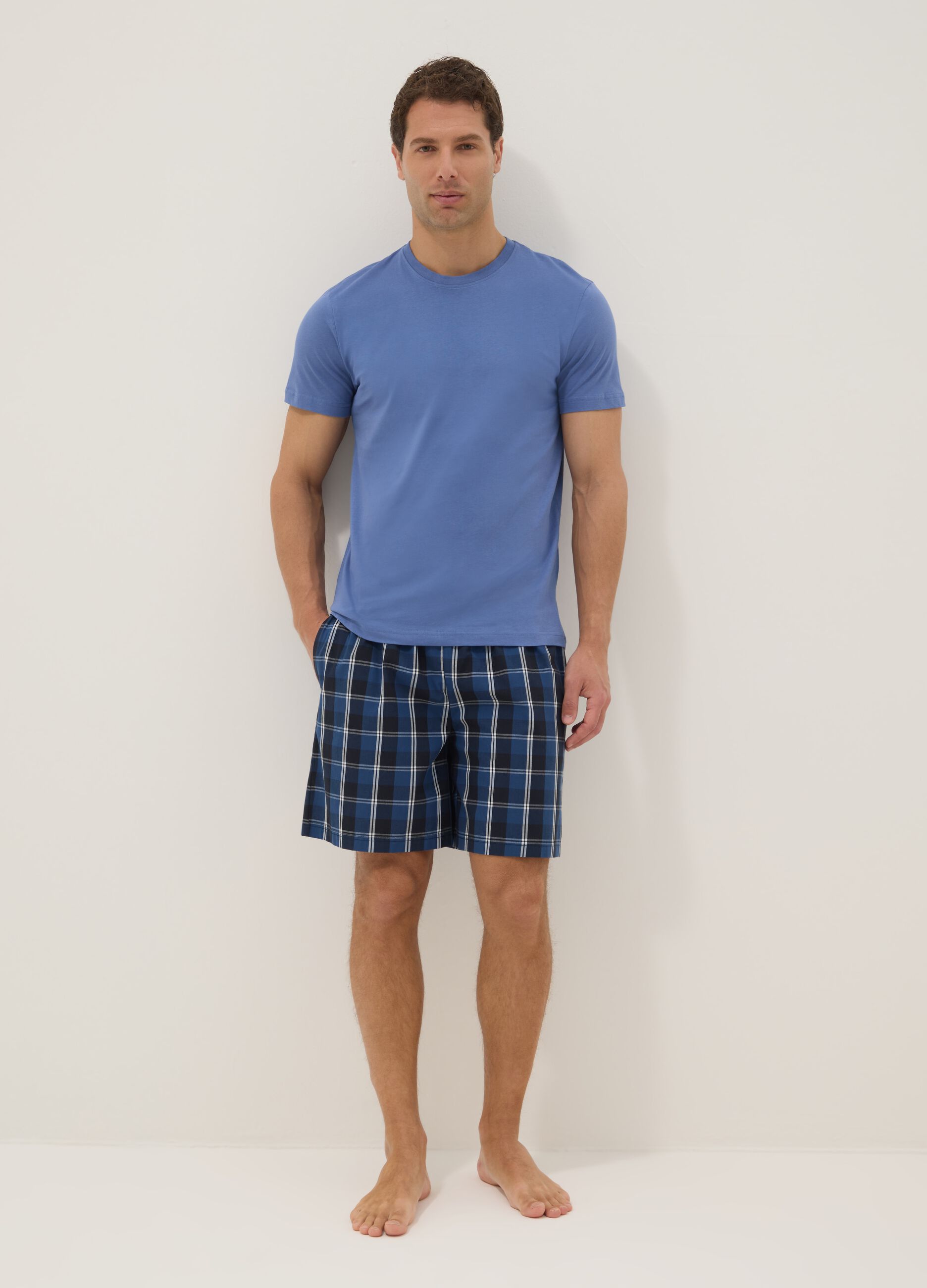 Regular fit short blue checked pure cotton pyjamas