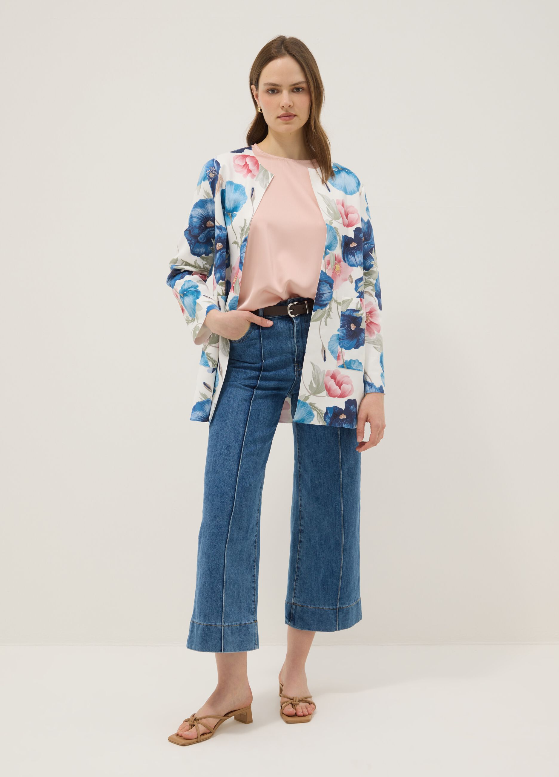 Multicolour collarless floral blazer, regular fit