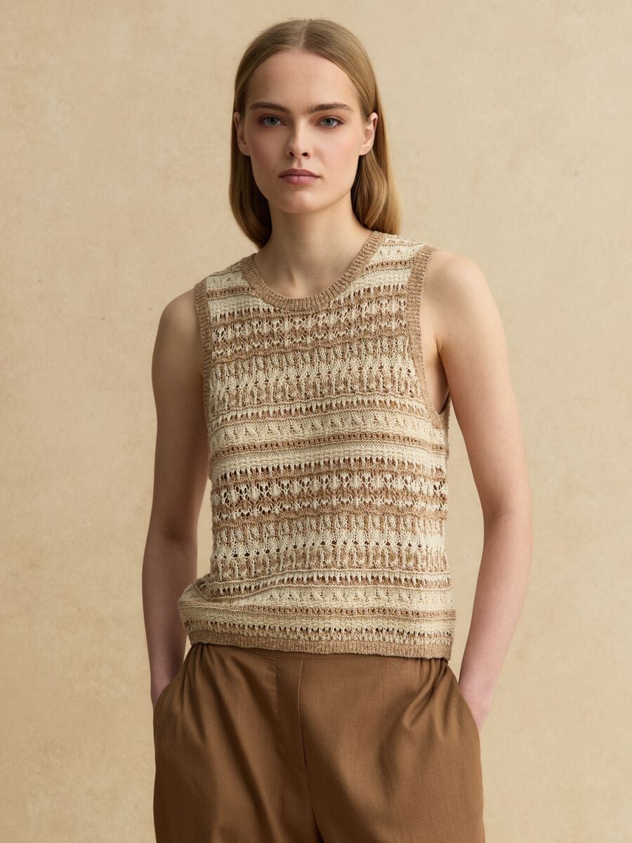 Multicolour cotton blend regular fit tank top with perforated texture_1