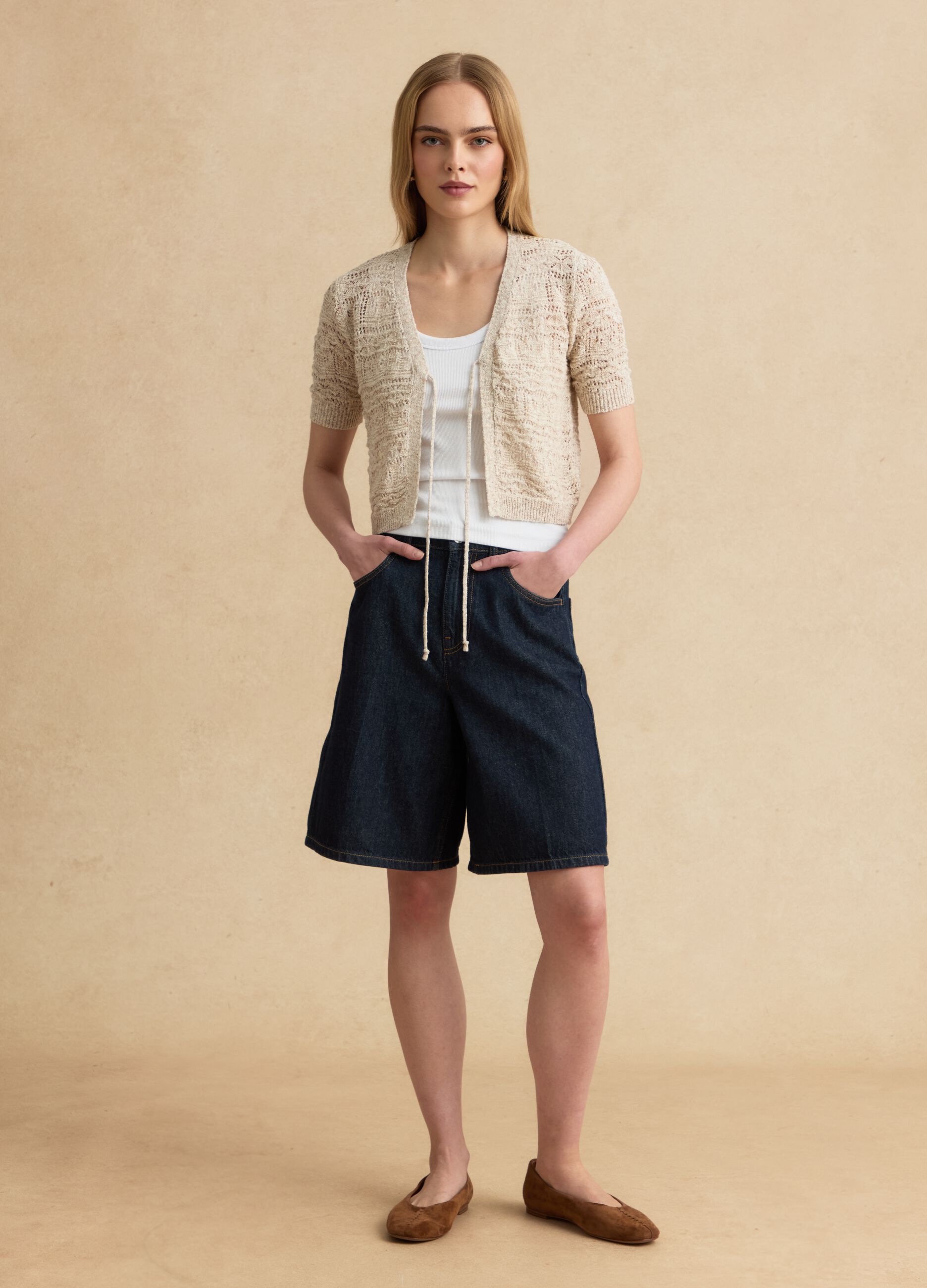 Beige crochet-style cotton and linen blend cardigan with deep V-neck, regular fit