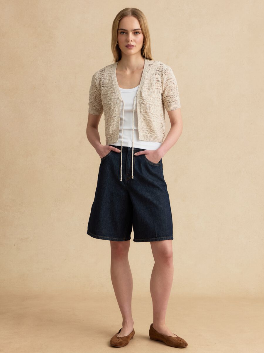Cardigan beige in stile crochet di misto cotone e lino deep V regular fit_2