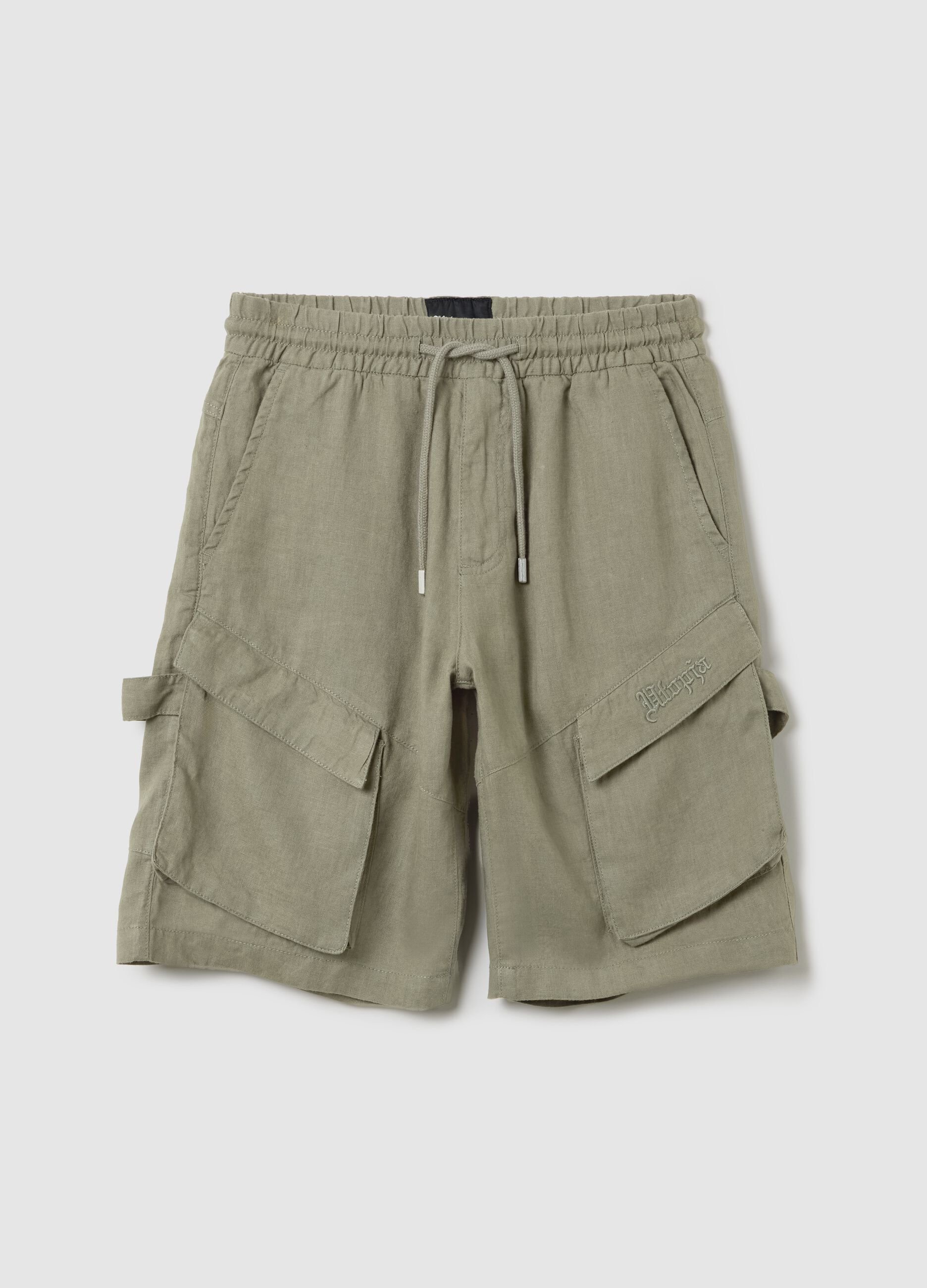 100% Linen Cargo Shorts Military Green