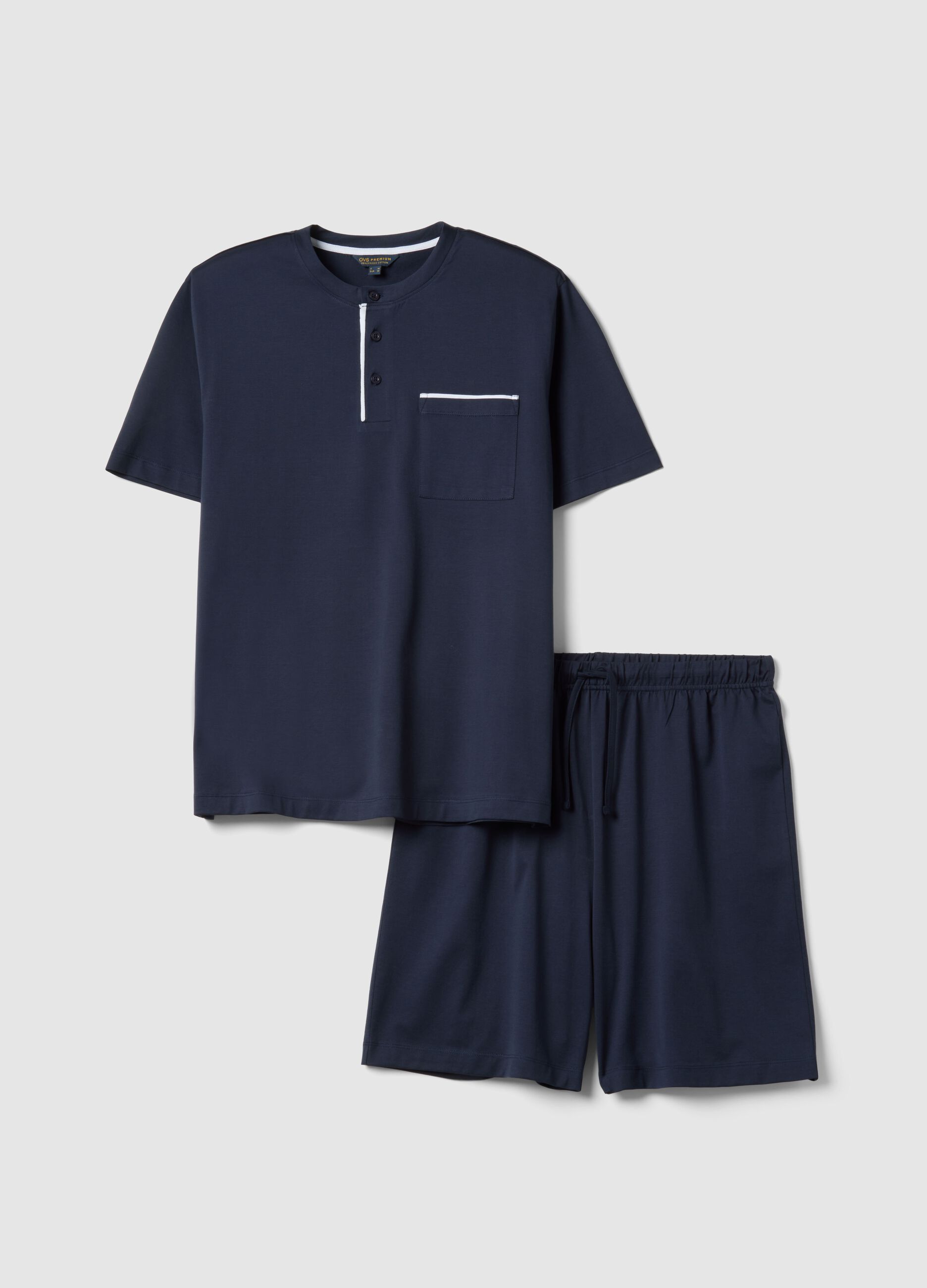 Regular fit short blue cotton pyjamas with Henley collar