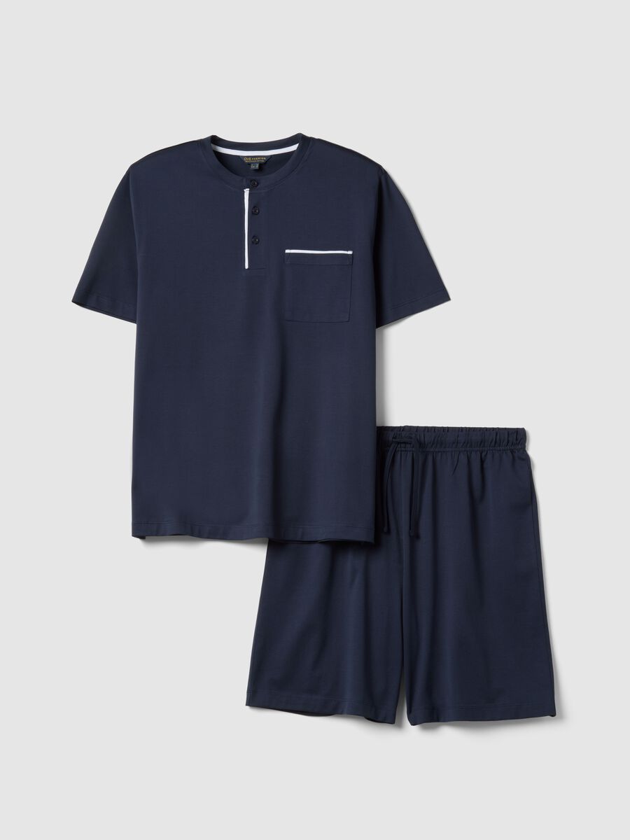 Regular fit short blue cotton pyjamas with Henley collar_4