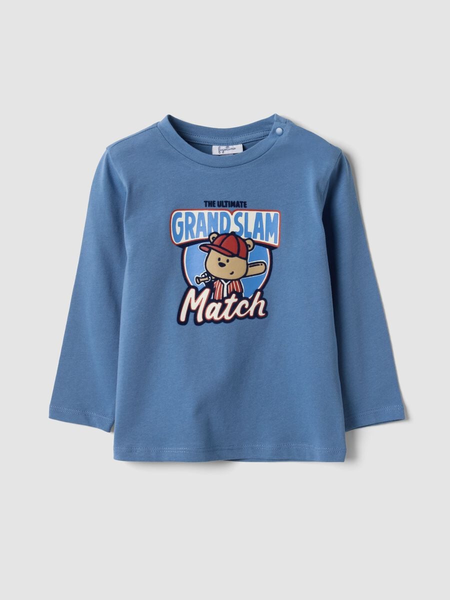 Blue organic cotton T-shirt with teddy bear print_0