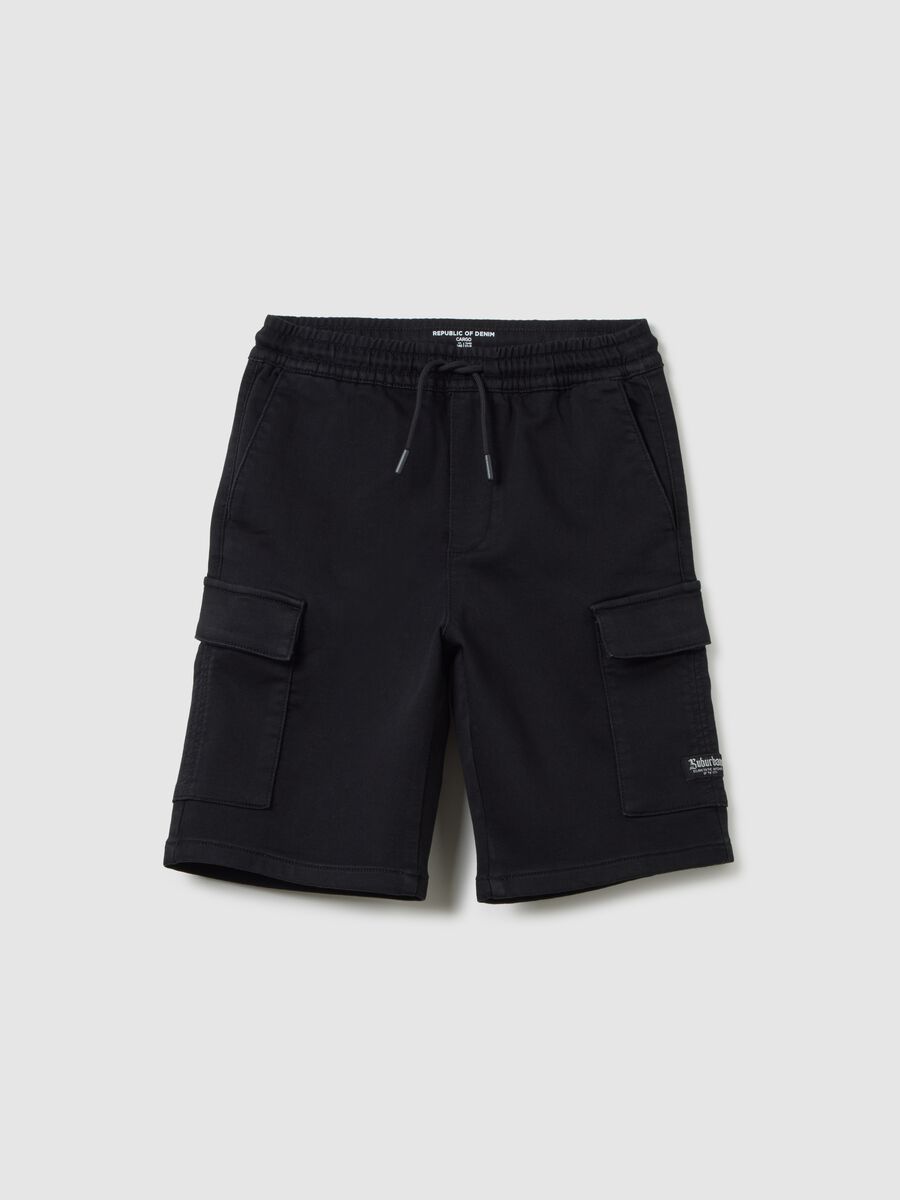 Boys' black cotton blend regular fit shorts with pockets_0