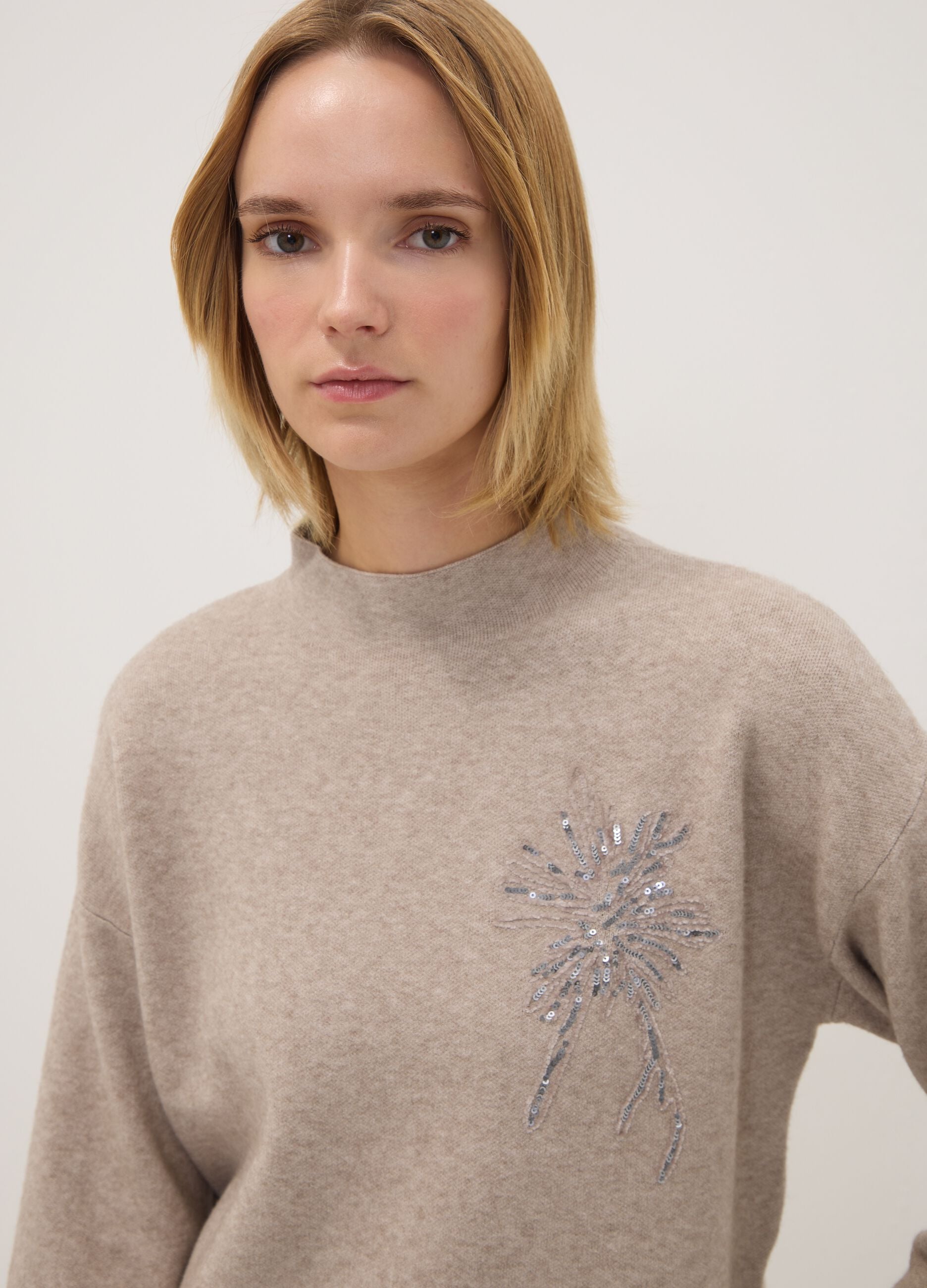 Maglia cammello in misto viscosa con ricamo paillettes regular fit