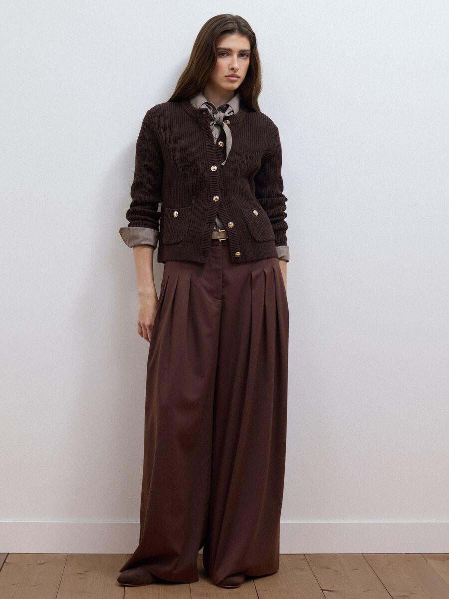 Brown pure cotton crew-neck knit cardigan_2