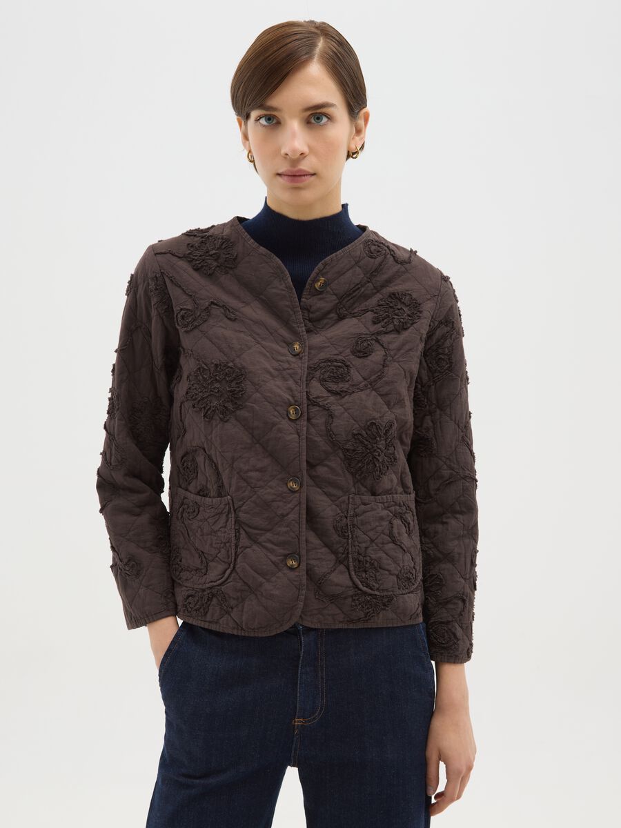 Brown embroidered jacket in pure cotton regular fit_0
