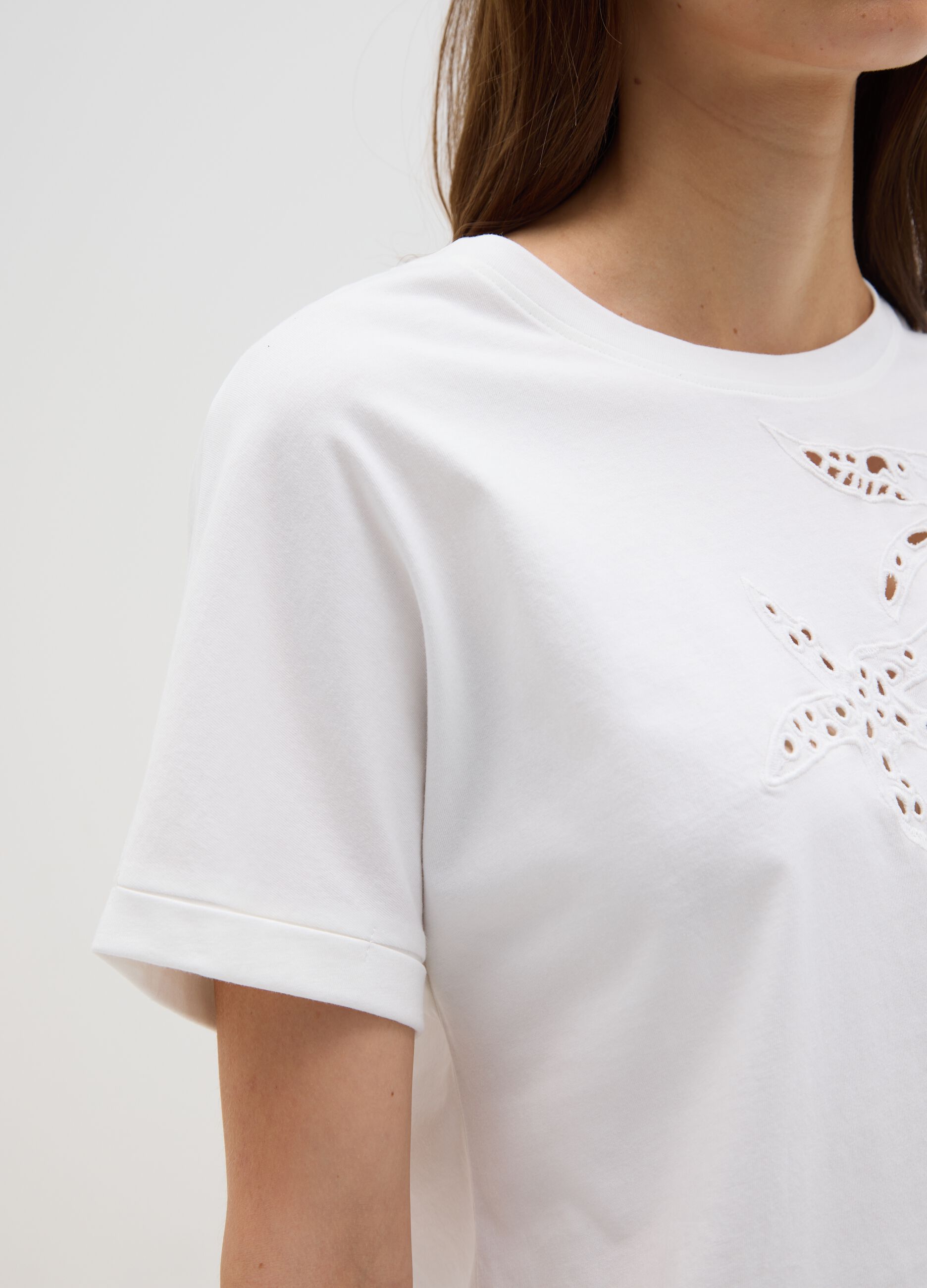 Women's White Cotton T-shirt Regular Fit with Embroidery