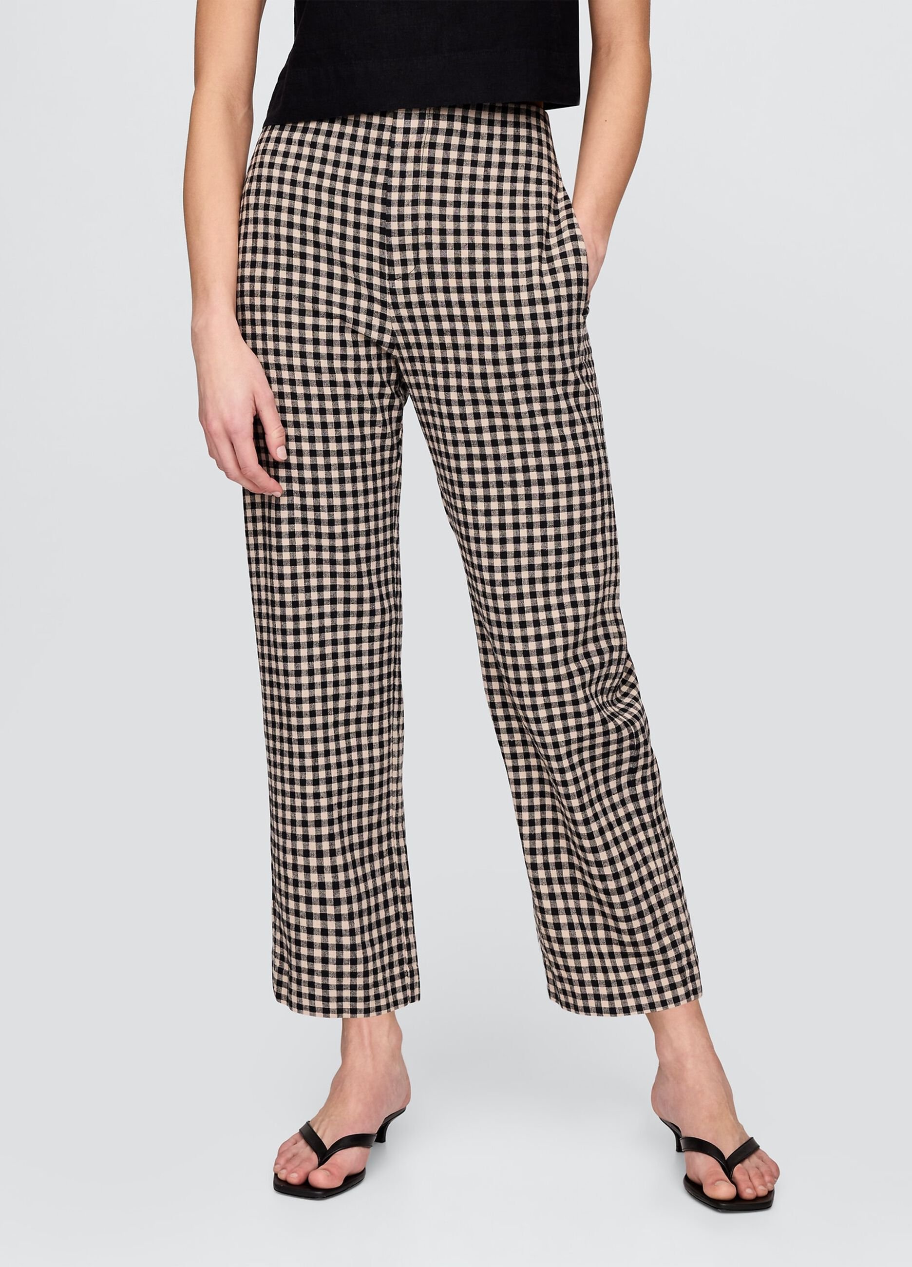 Brown and black check trousers in linen and viscose