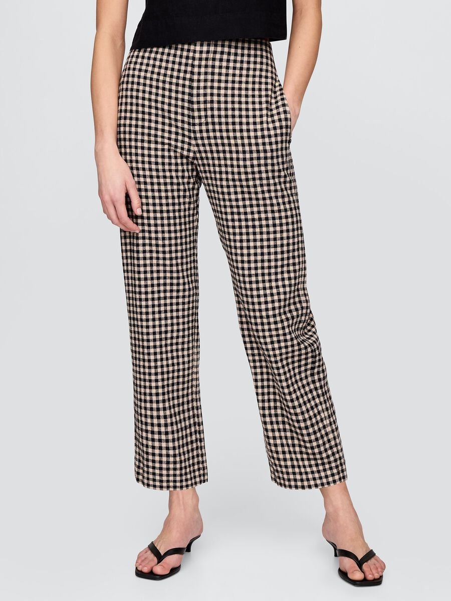 Brown and black check trousers in linen and viscose_1