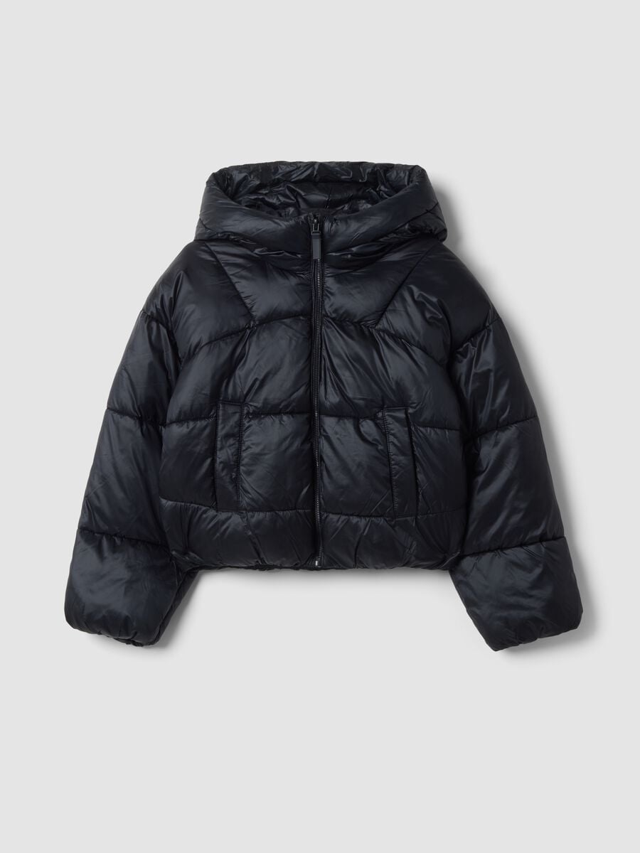Black padded jacket with hood and zip_0