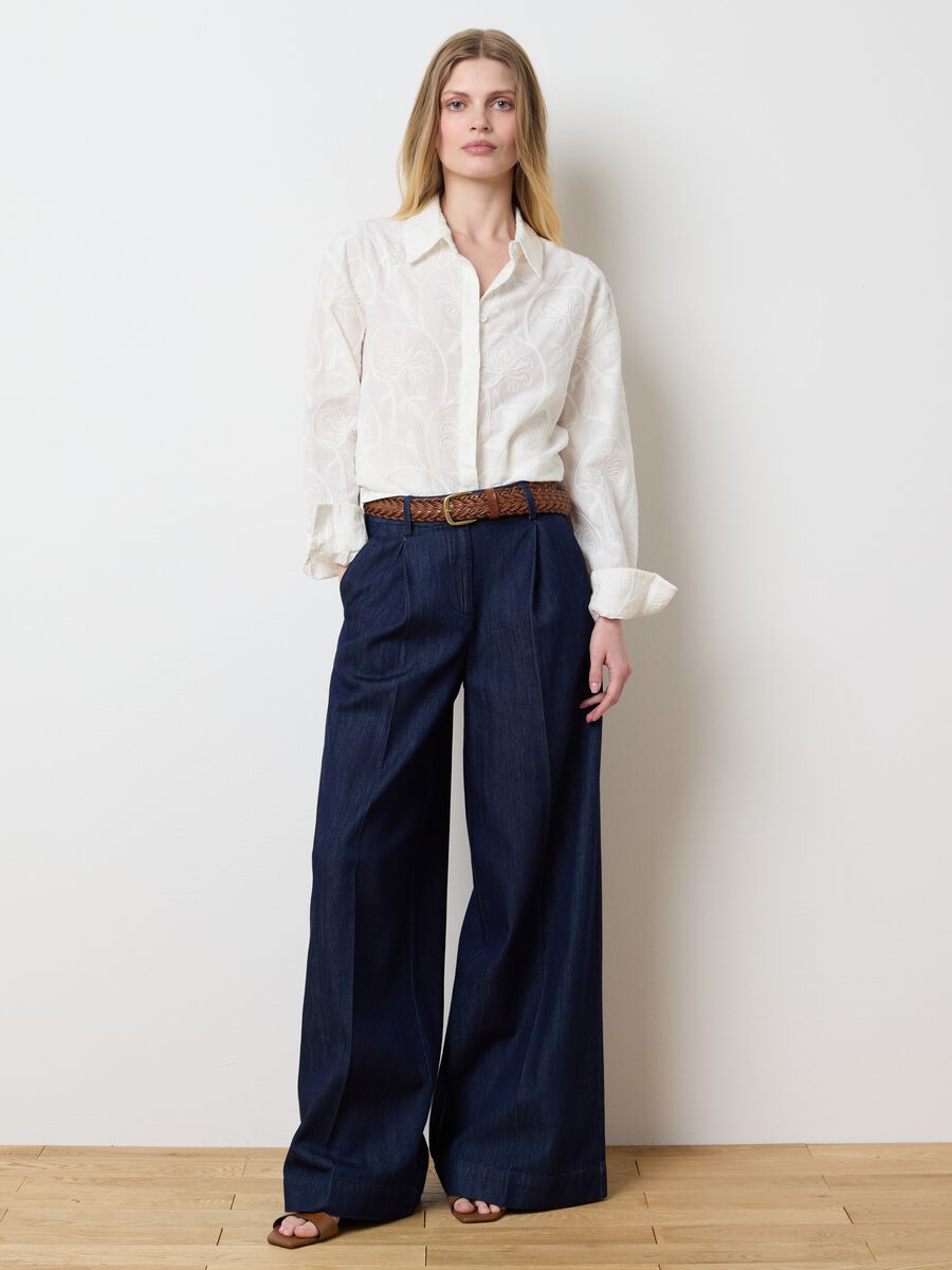 Women's blue regular fit pure cotton palazzo trousers_0