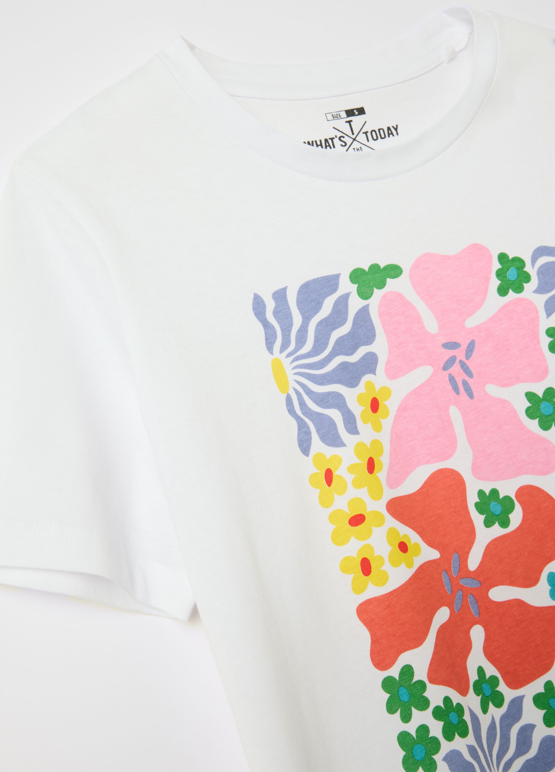 White T-shirt with colourful floral print