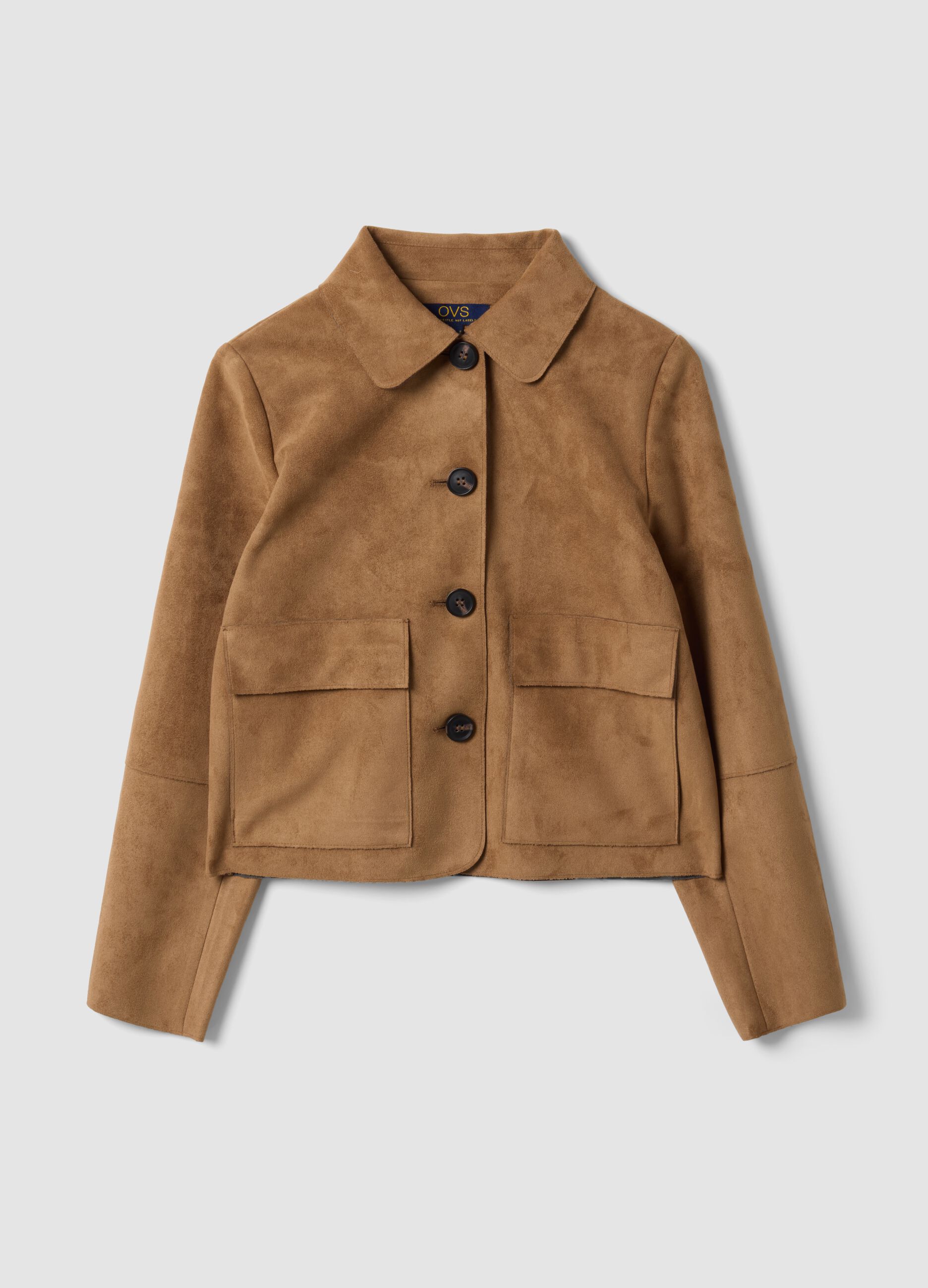 Beige regular-fit shacket with patch pockets