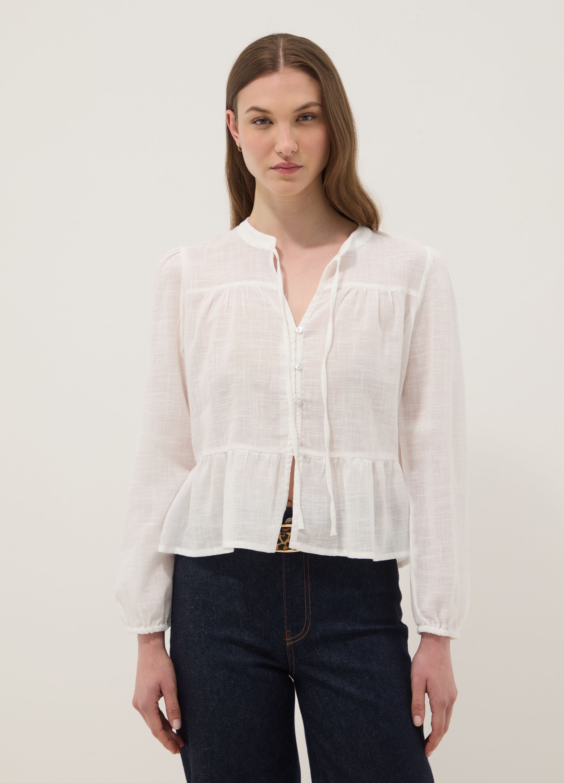 White pure cotton tie-front shirt, regular fit