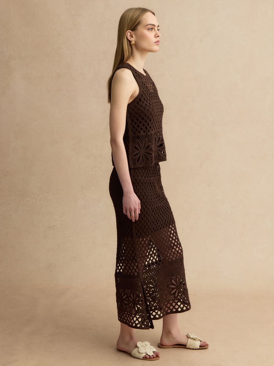 Tank top in misto cotone marrone regular fit con design a rete_1