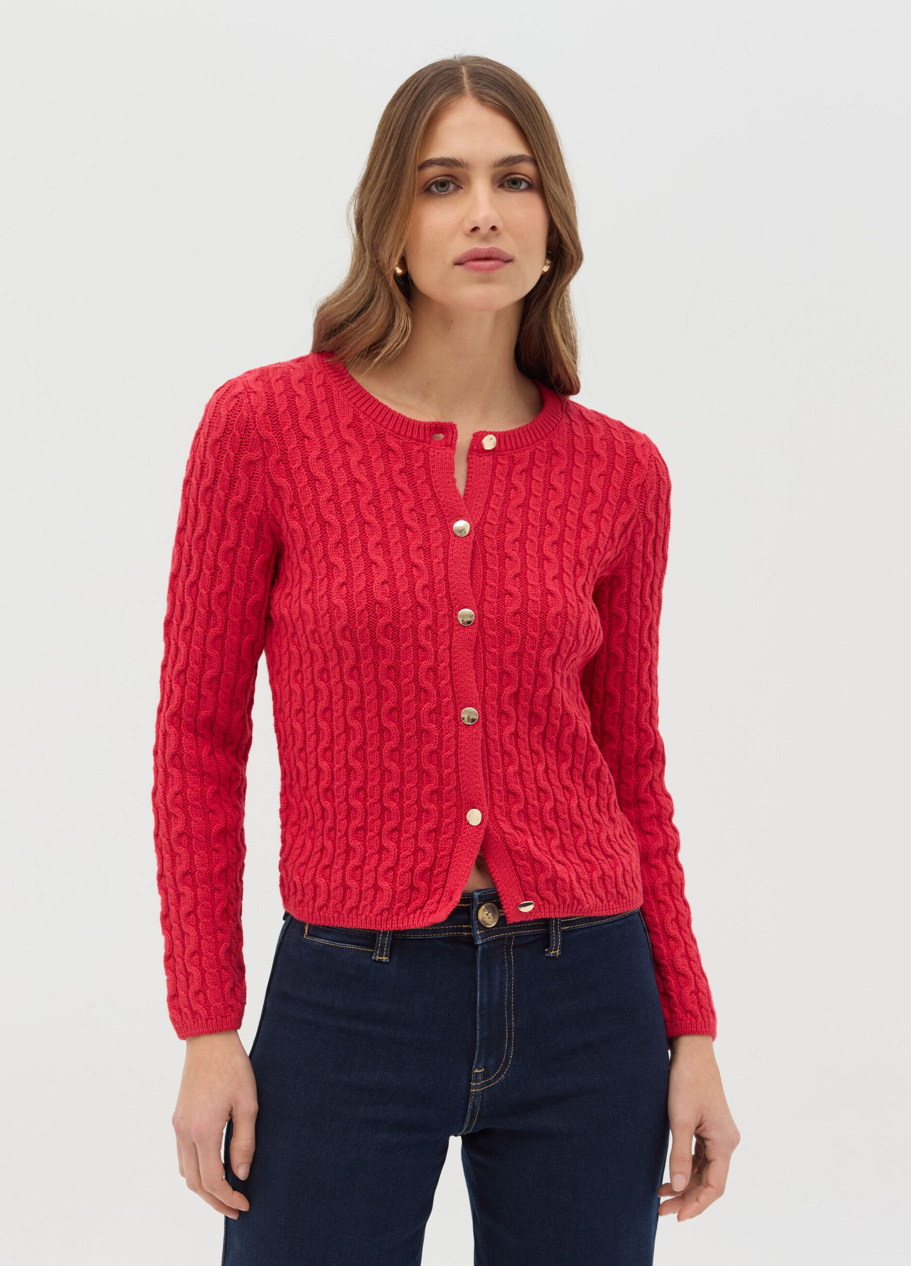 Cable-knit cardigan with golden buttons
