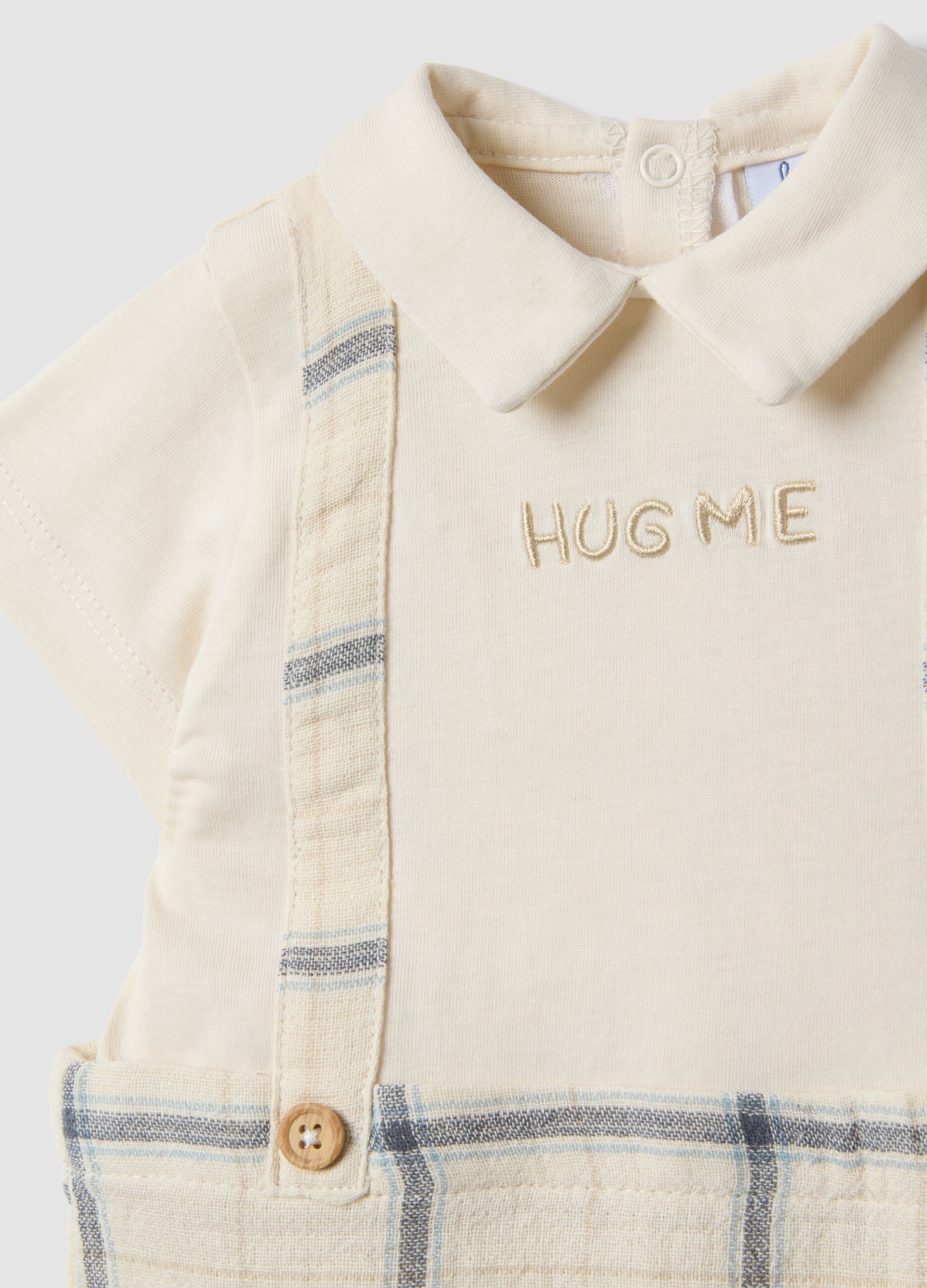 Beige pure cotton baby romper with checked pattern and collar
