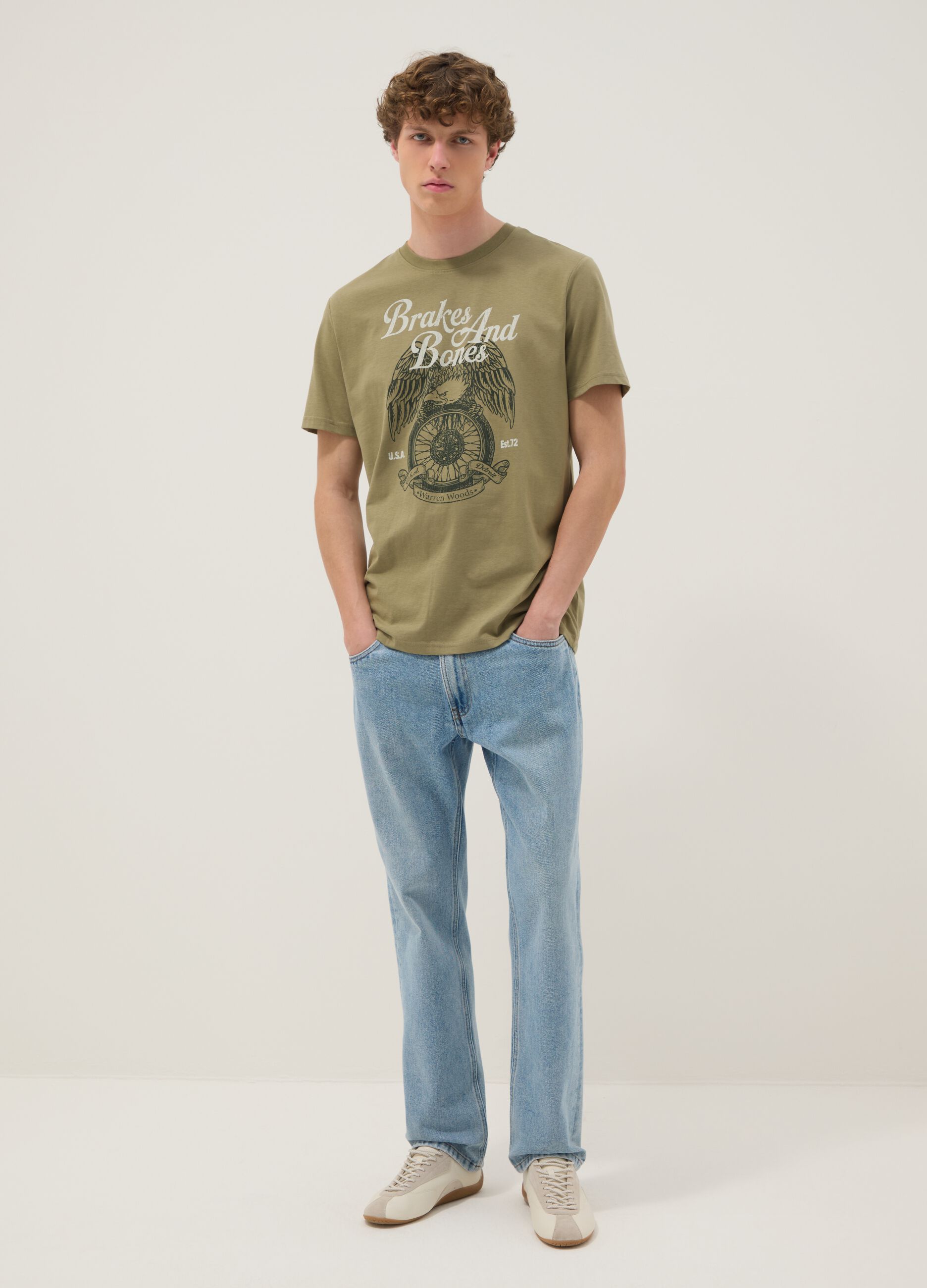 Green printed T-shirt in pure cotton, regular fit