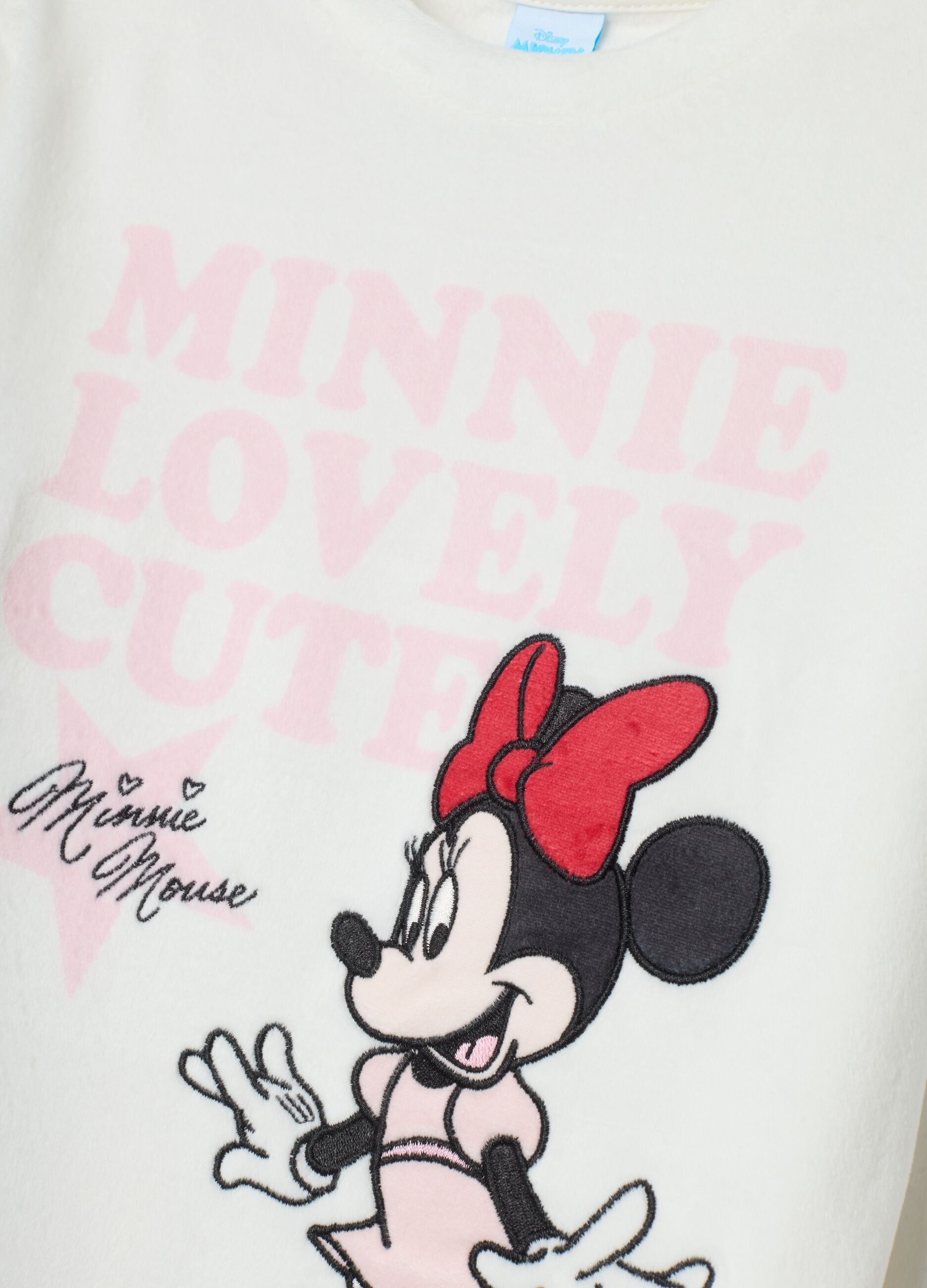 White stretch fabric Minnie print pyjamas with crew neck