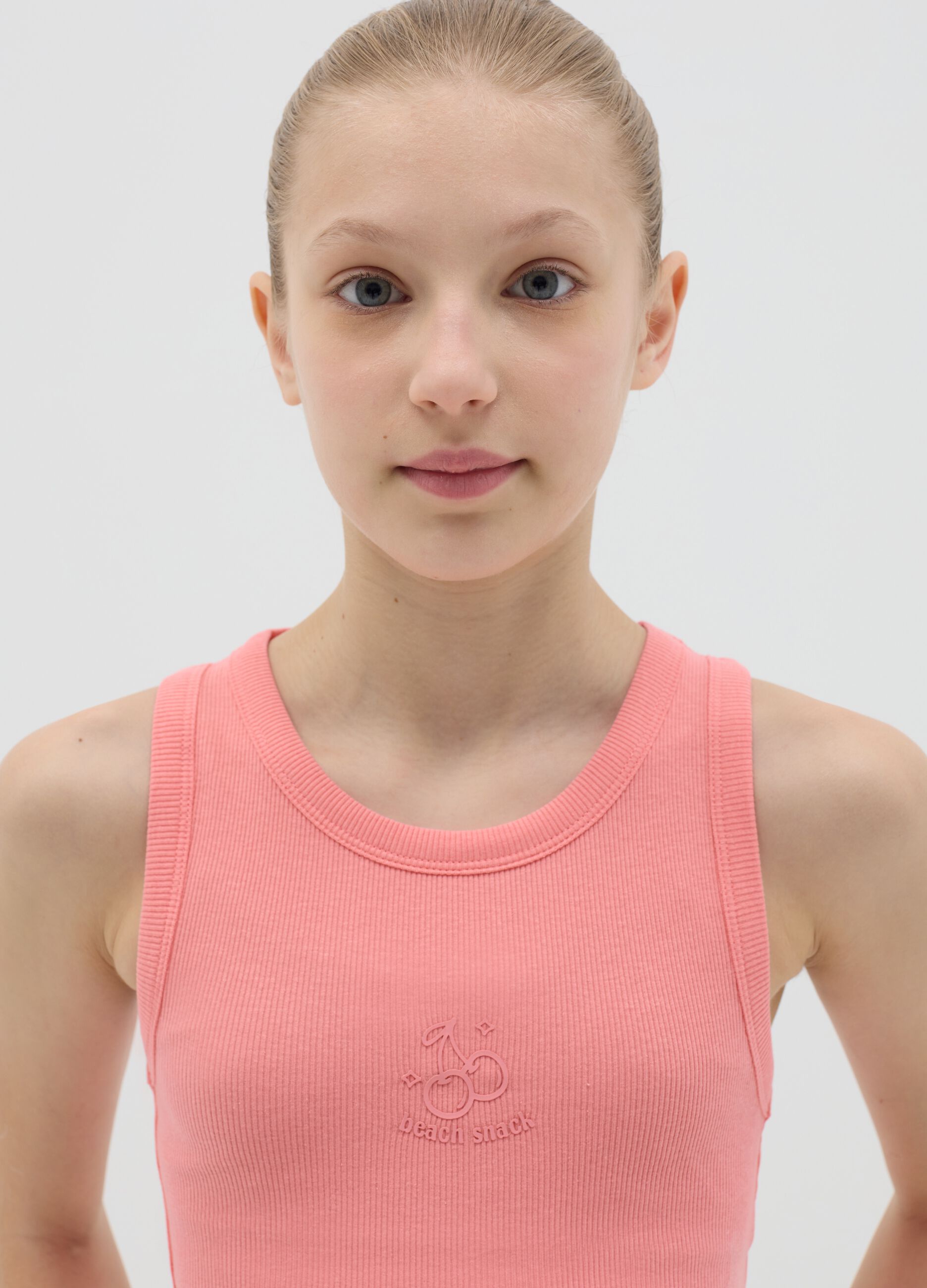 Pink ribbed stretch cotton tank top with print