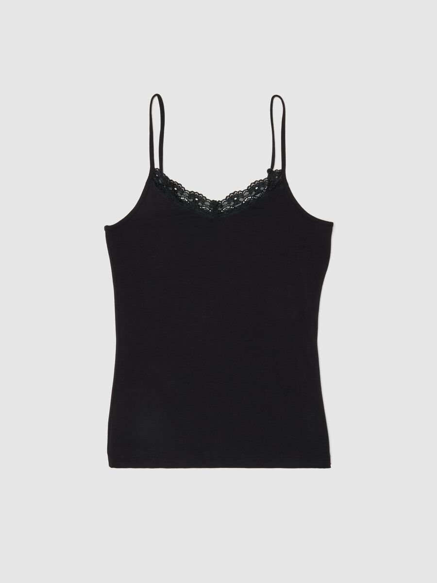 Canottiera in viscosa elasticizzata nera slim fit con pizzo_4
