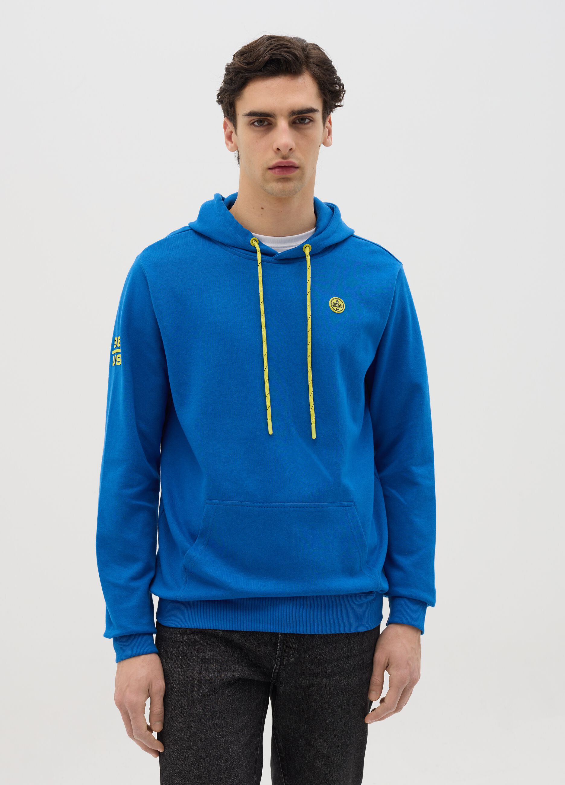 Blue sweatshirt with hood and logo