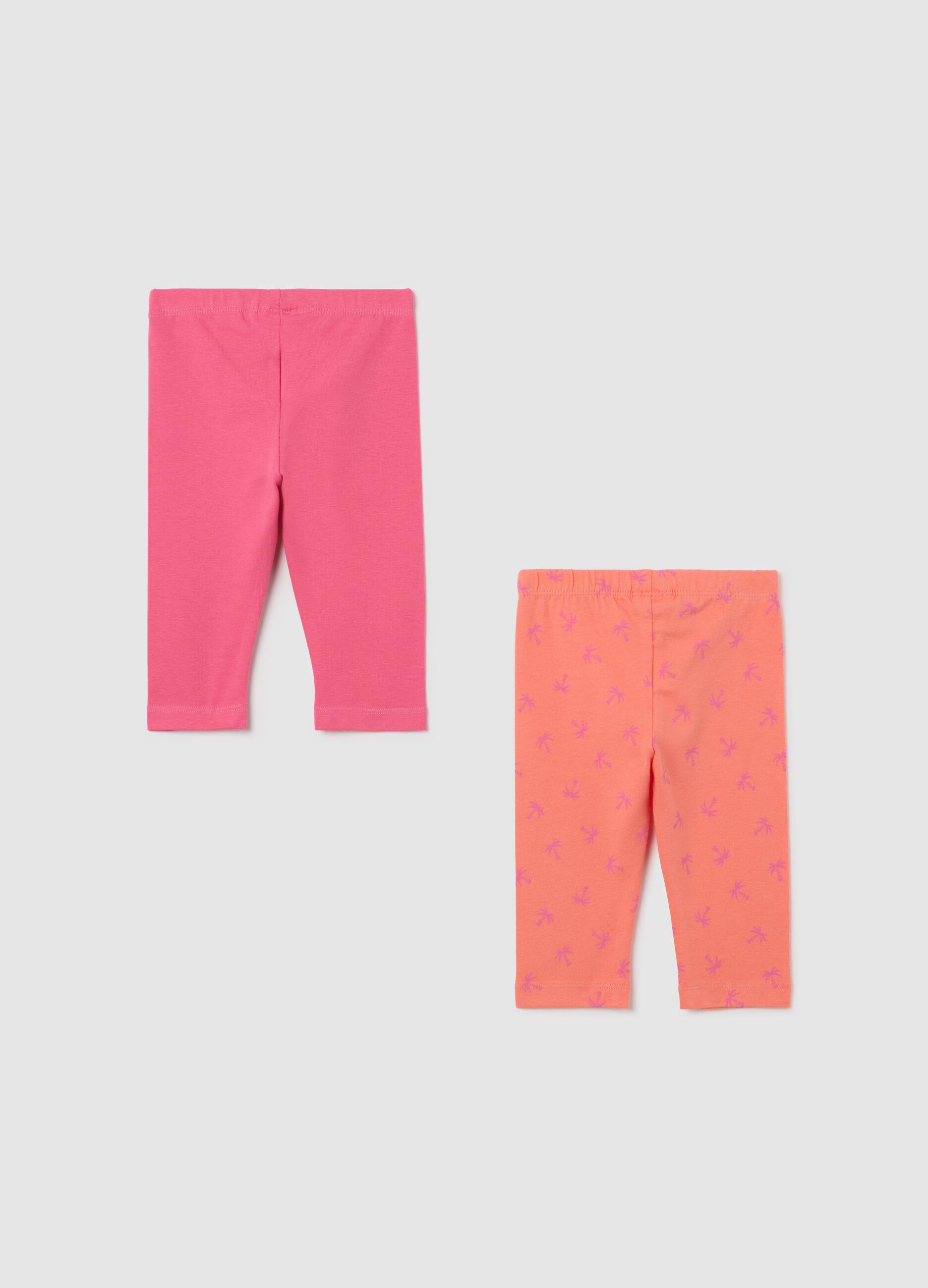 Two-pack pink and orange three-quarter leggings with print