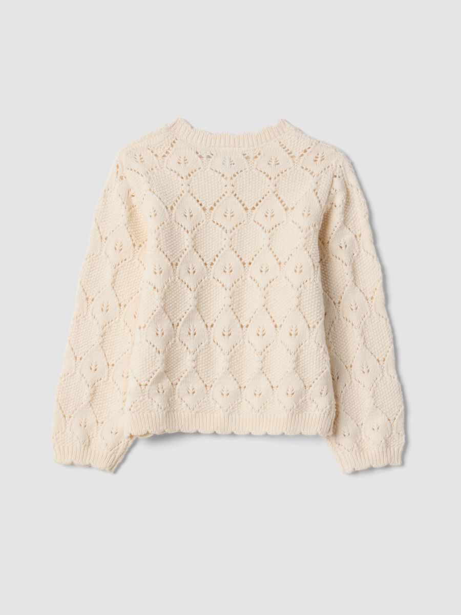 Beige openwork cotton-blend crew-neck cardigan_1