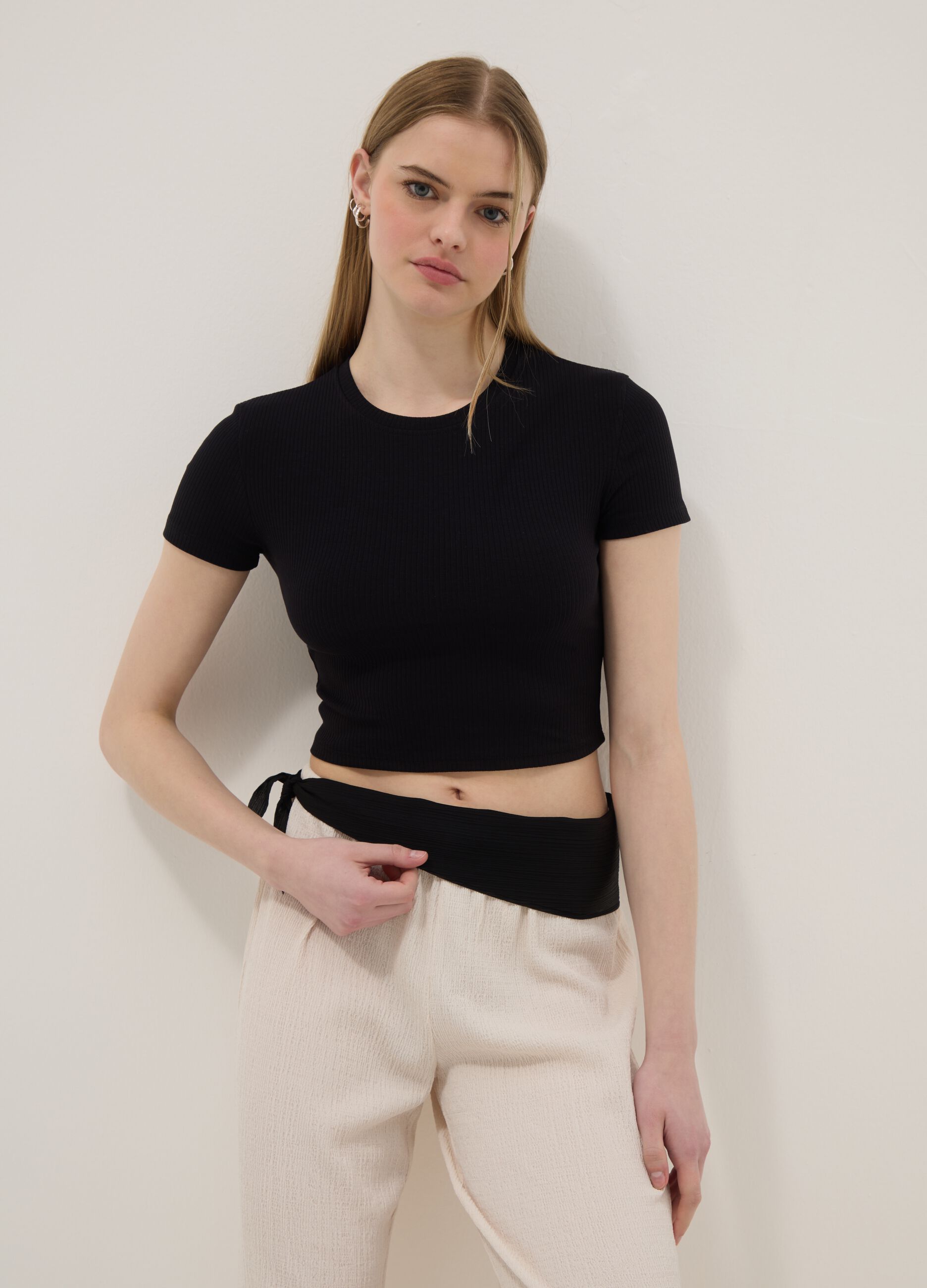 Black ribbed fitted stretch-cotton T-shirt