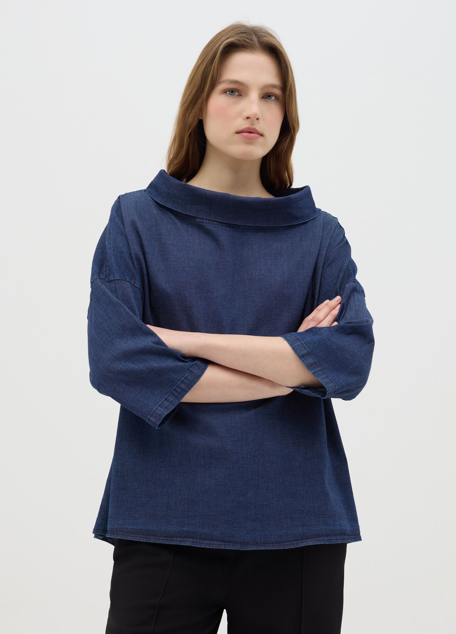 Blue Long Sleeve Stretch Cotton Top