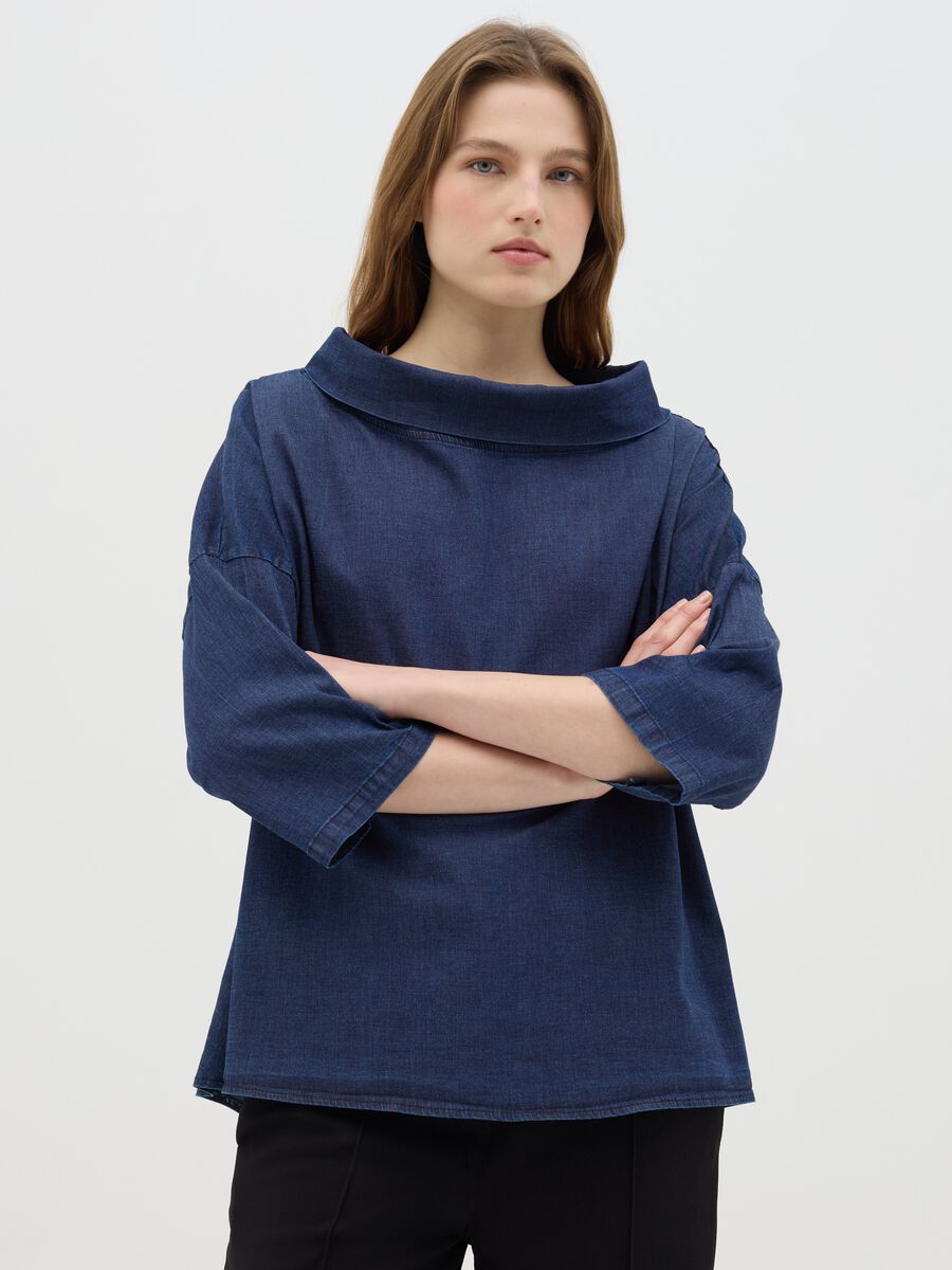 Blue Long Sleeve Stretch Cotton Top_0