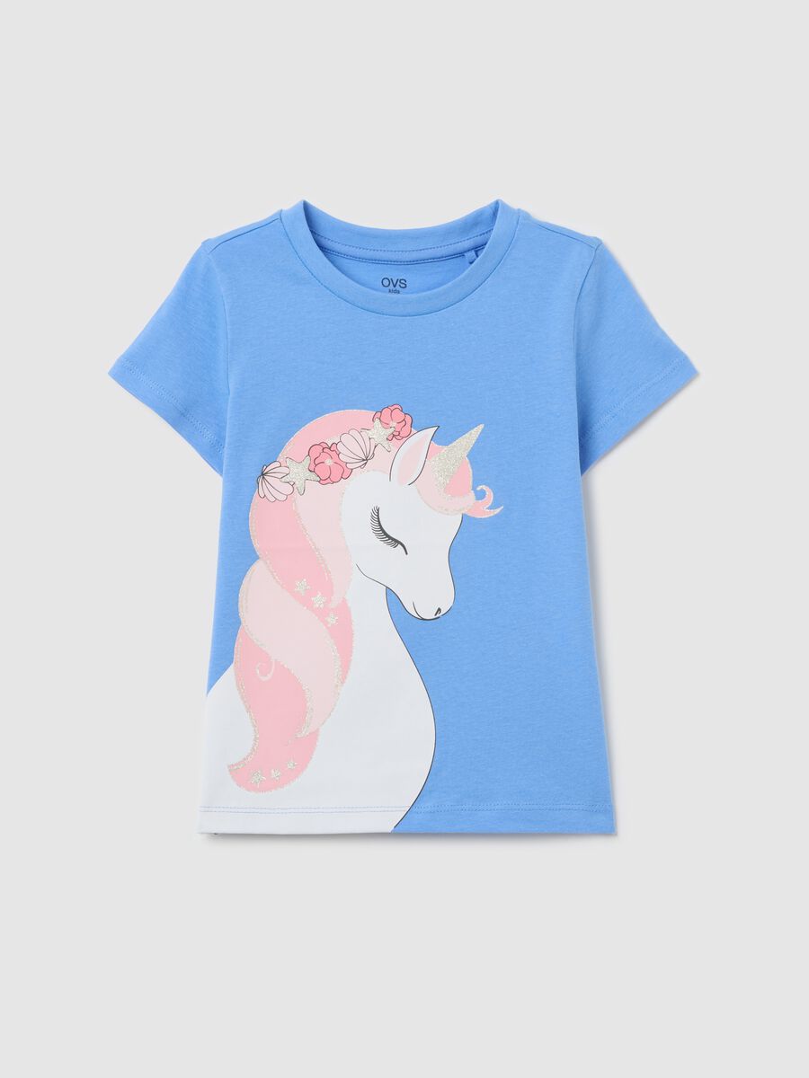 OVS Kids blue cotton T-shirt with pink unicorn_0