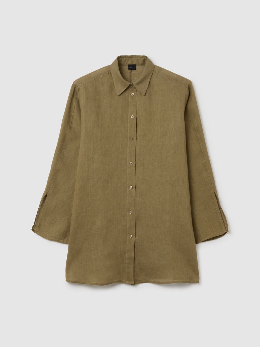 Women's long loose-fitting green linen shirt_0